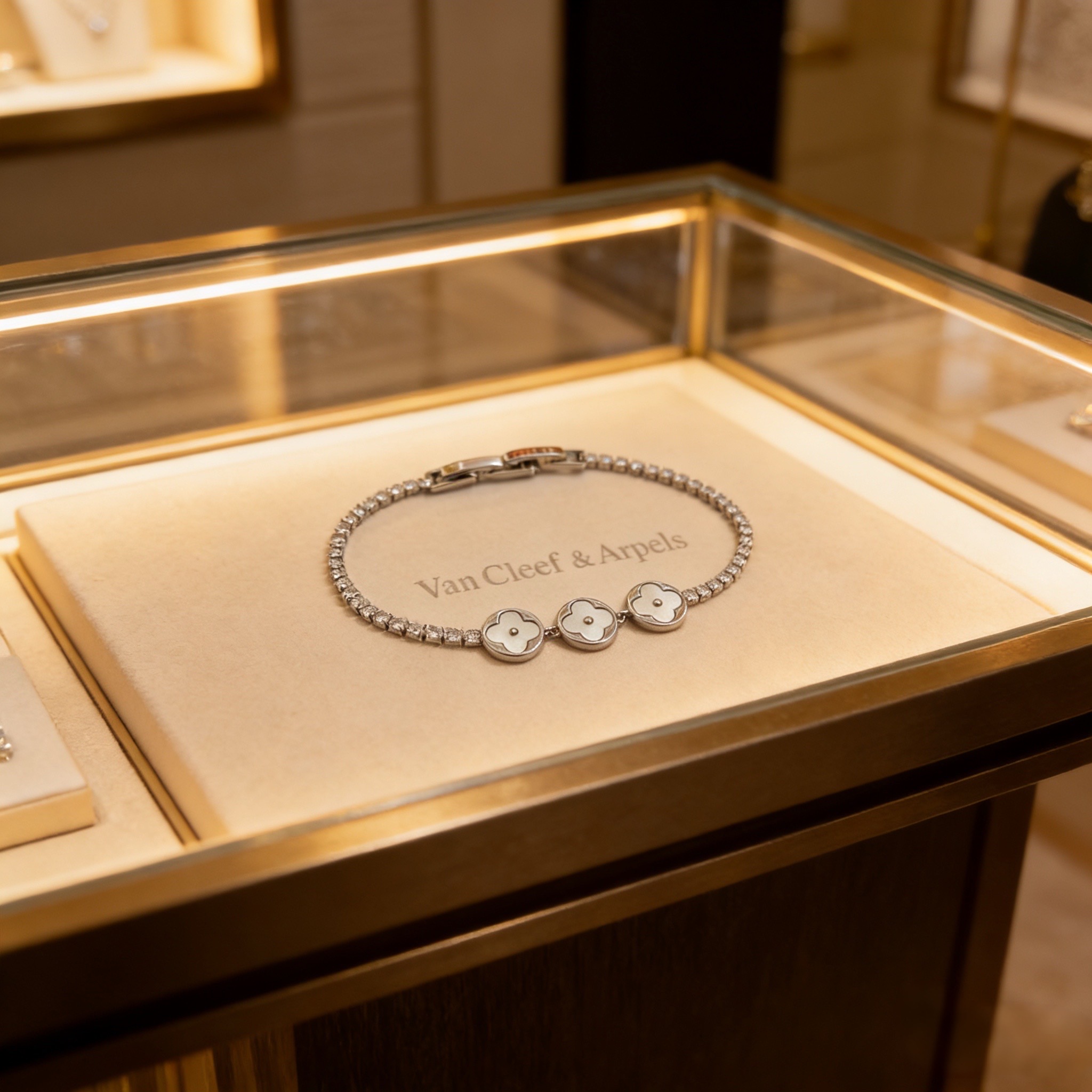 Van Cleef Arpels Alhambra bracelet silver-toned white gold white mother-of-pearl clear diamonds 17cm