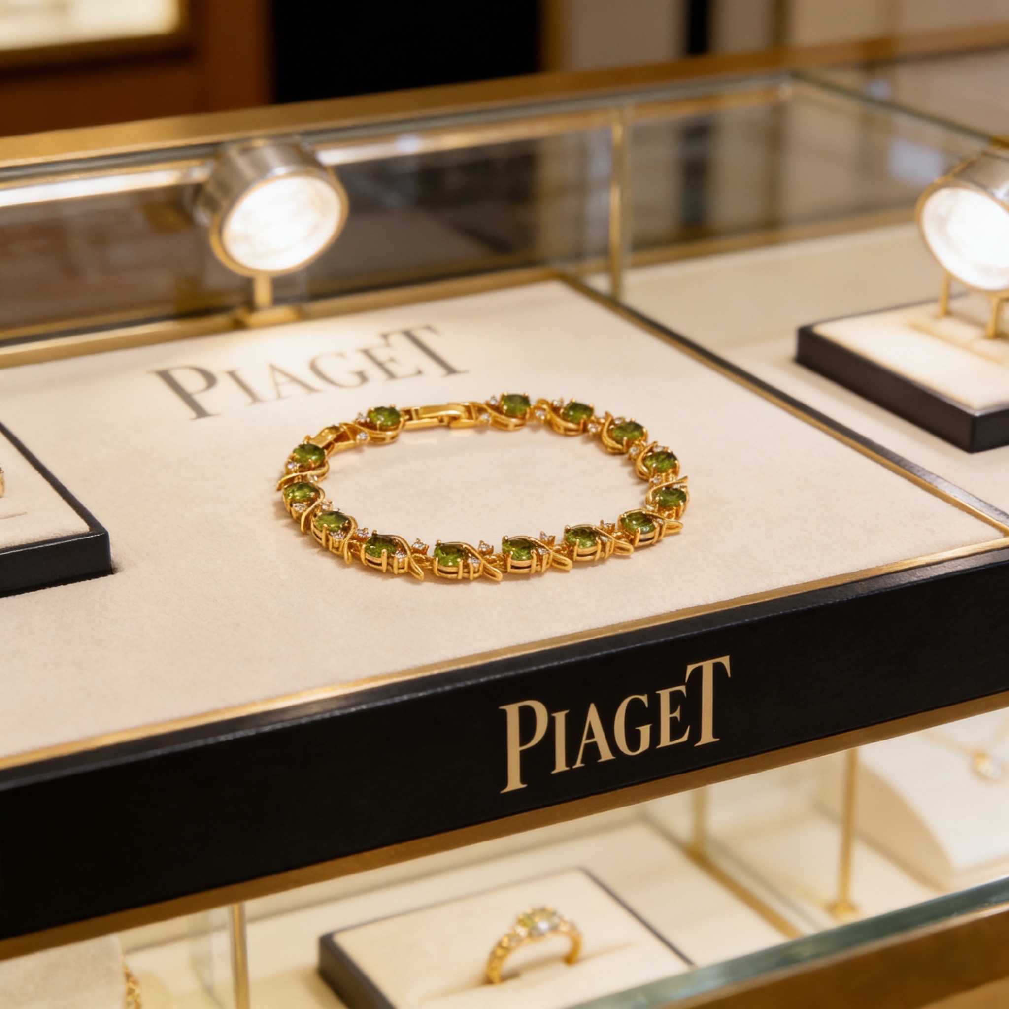 Piaget Rose Vine Gemstone Line Bracelet bracelet Yellow gold metal with peridot green gemstones and clear diamond accent stones 18cm