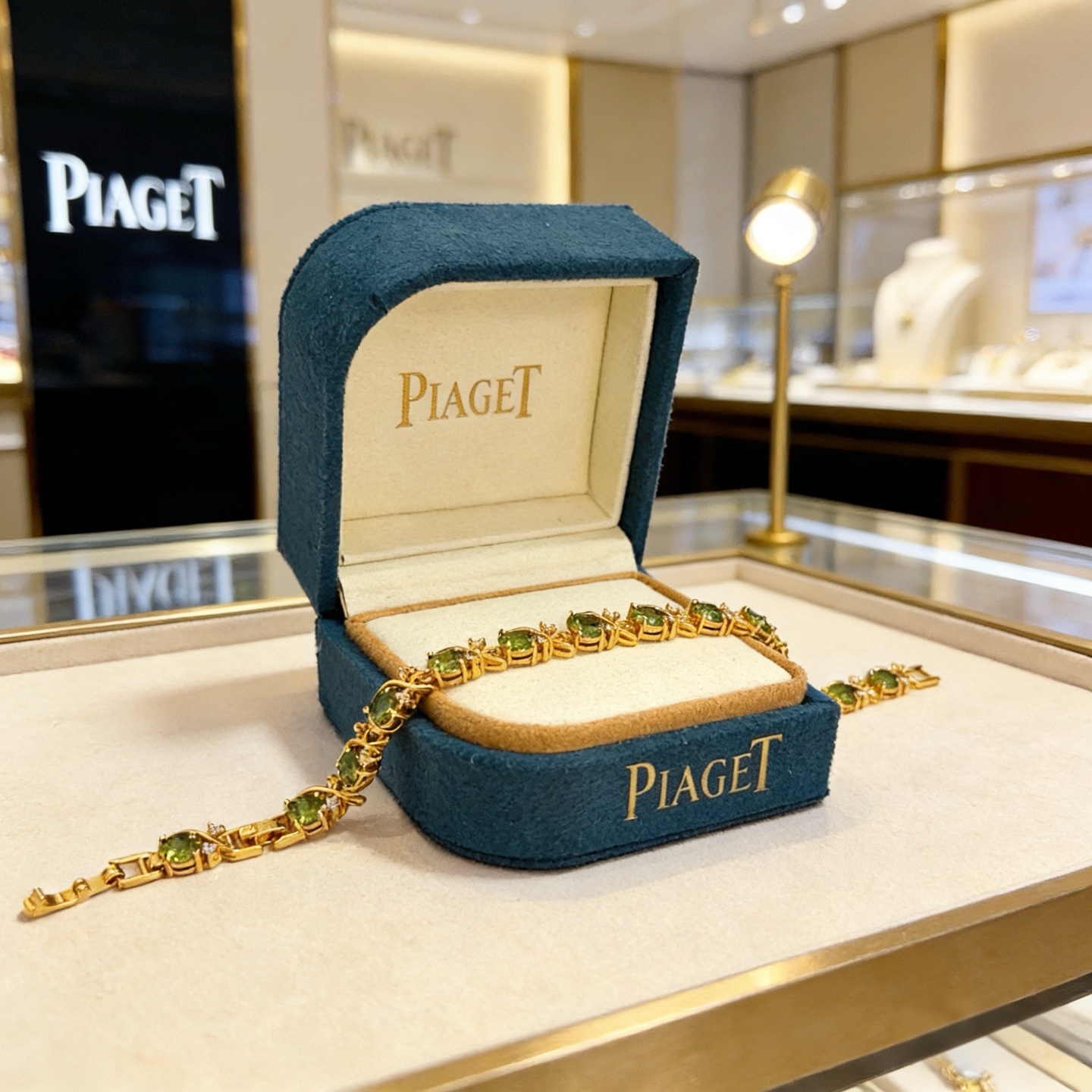 Piaget Rose Vine Gemstone Line Bracelet bracelet Yellow gold metal with peridot green gemstones and clear diamond accent stones 18cm