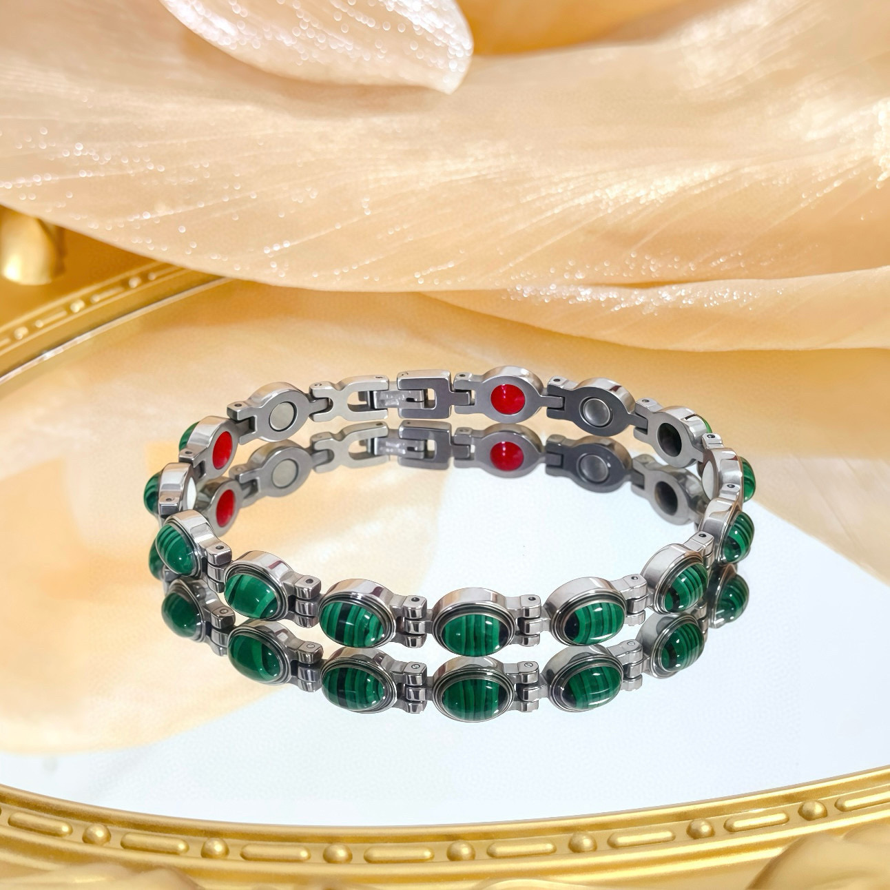 Piaget Possession bracelet silver-toned metal with green malachite cabochons and red enamel accents 19cm