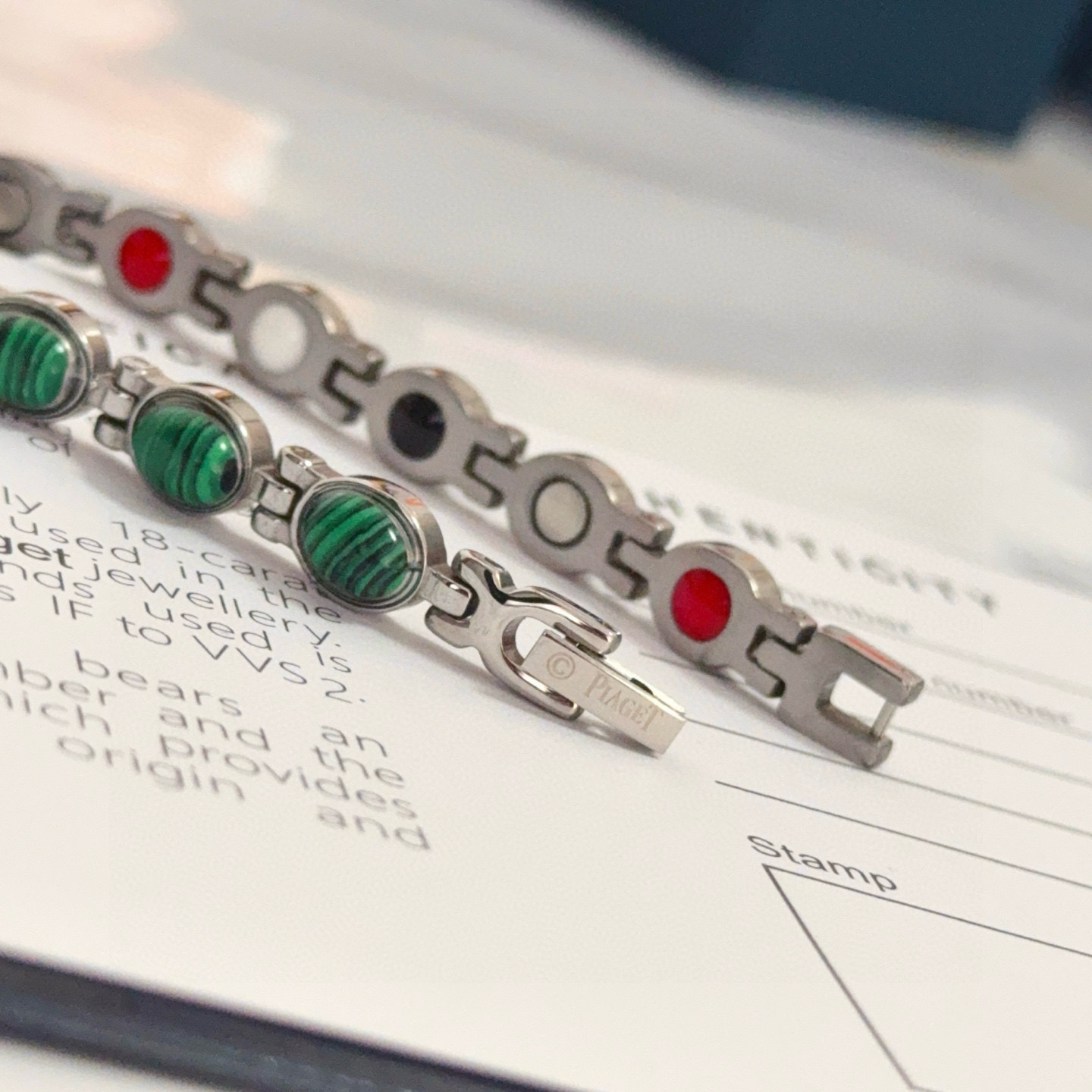 Piaget Possession bracelet silver-toned metal with green malachite cabochons and red enamel accents 19cm
