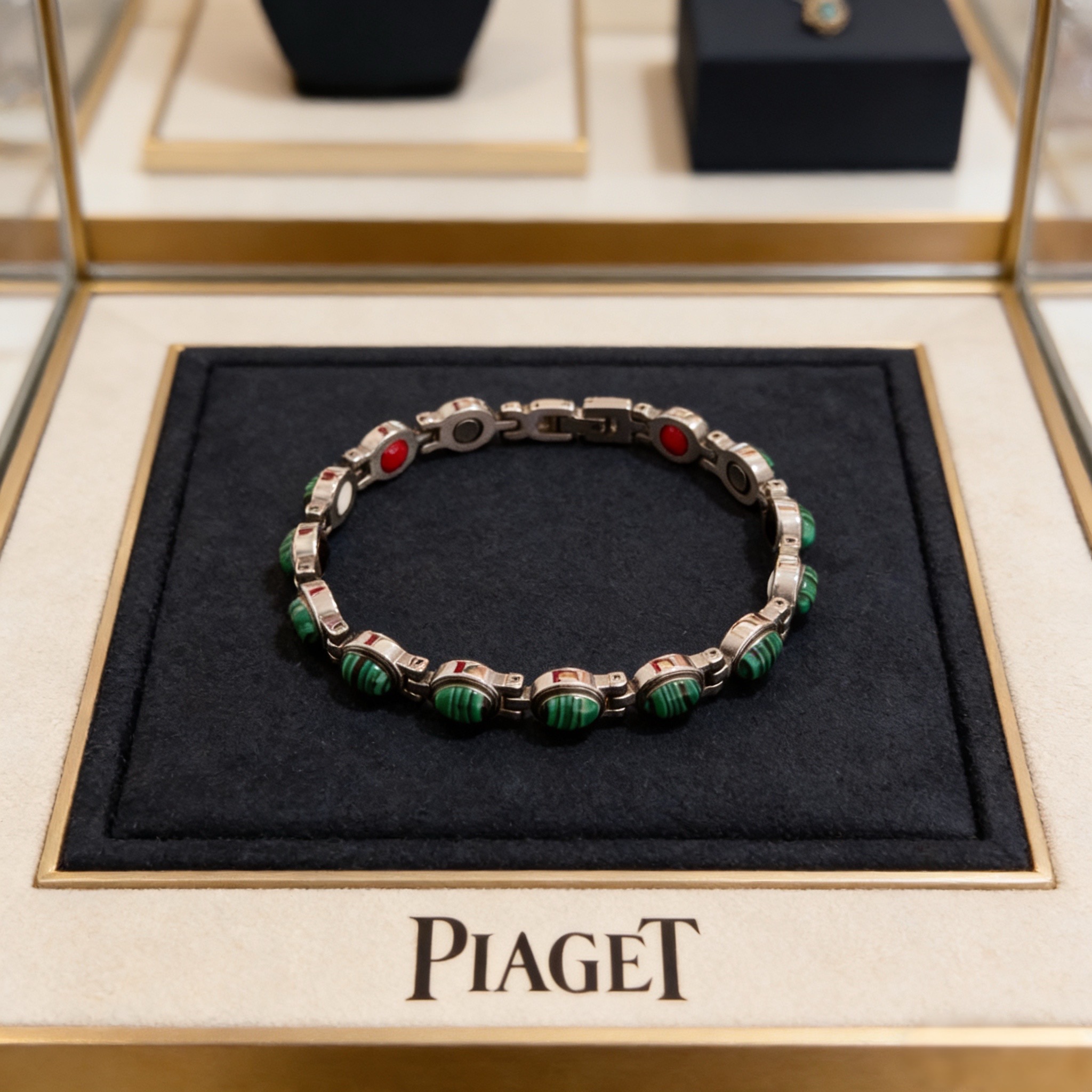 Piaget Possession bracelet silver-toned metal with green malachite cabochons and red enamel accents 19cm