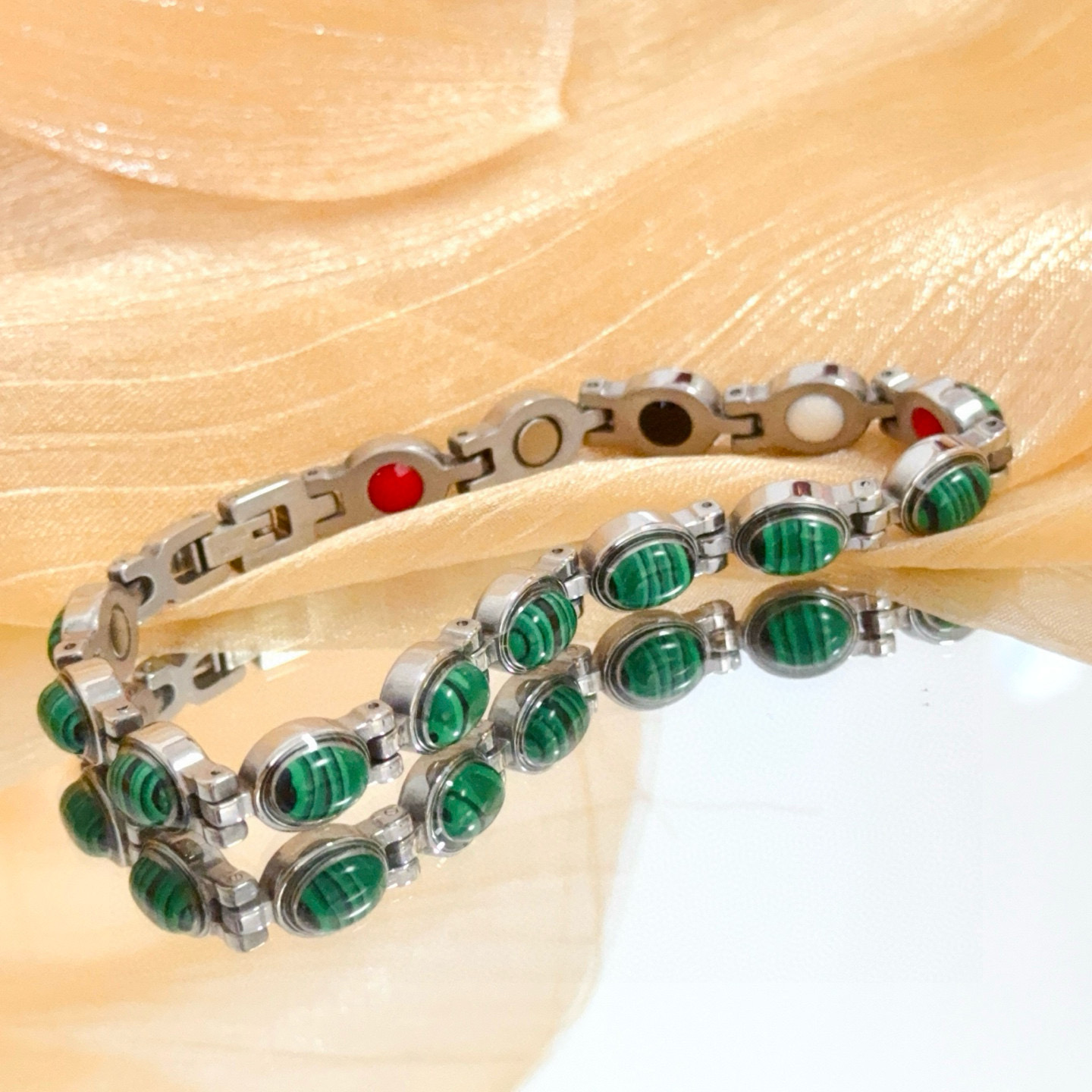 Piaget Possession bracelet silver-toned metal with green malachite cabochons and red enamel accents 19cm