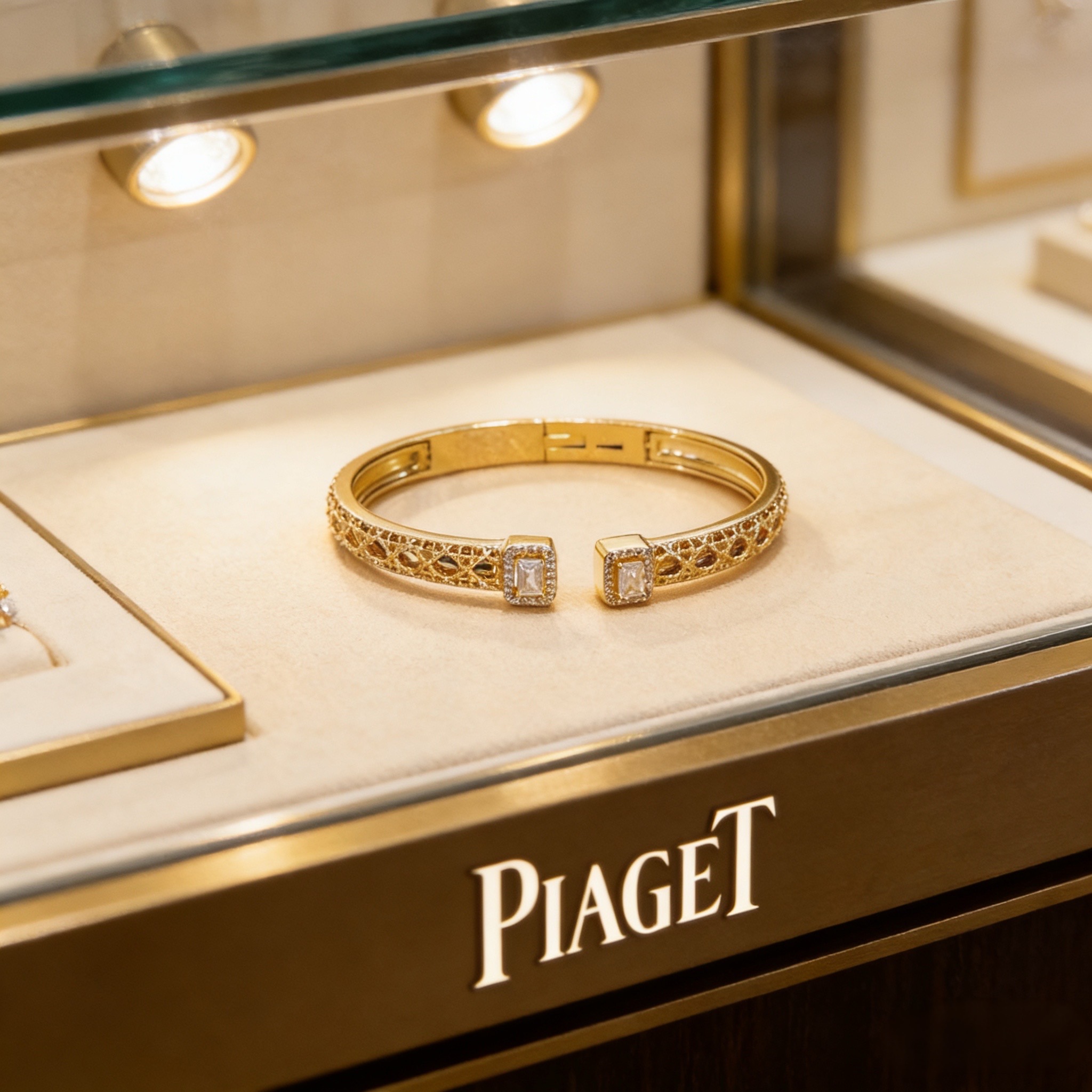 Piaget Possession Open Cuff Bangle bracelet 18k yellow gold with clear diamond accents 16cm inner circumference