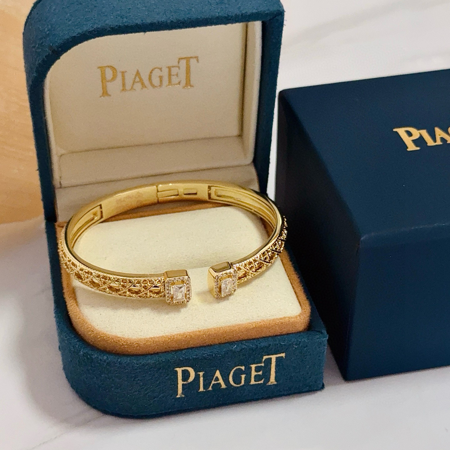 Piaget Possession Open Cuff Bangle bracelet 18k yellow gold with clear diamond accents 16cm inner circumference
