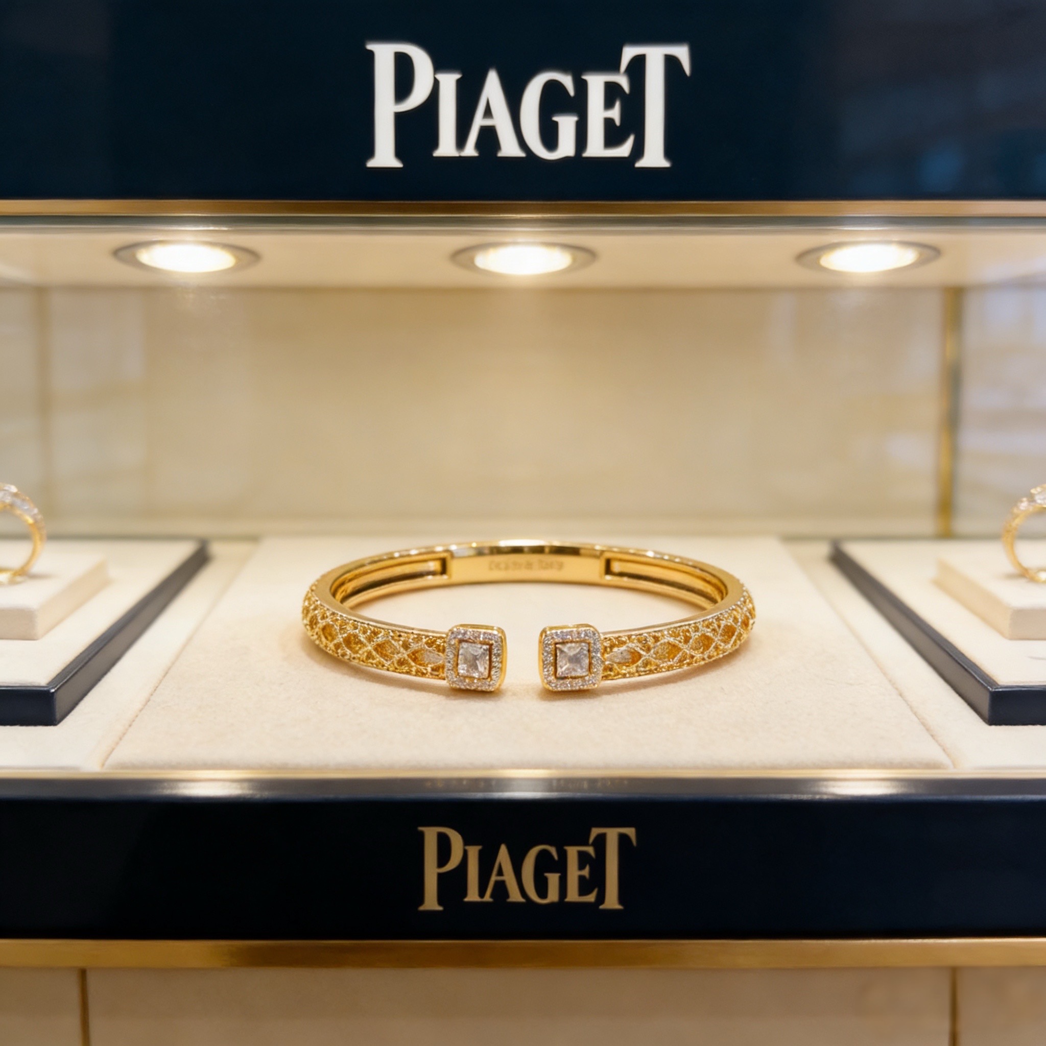 Piaget Possession Open Cuff Bangle bracelet 18k yellow gold with clear diamond accents 16cm inner circumference