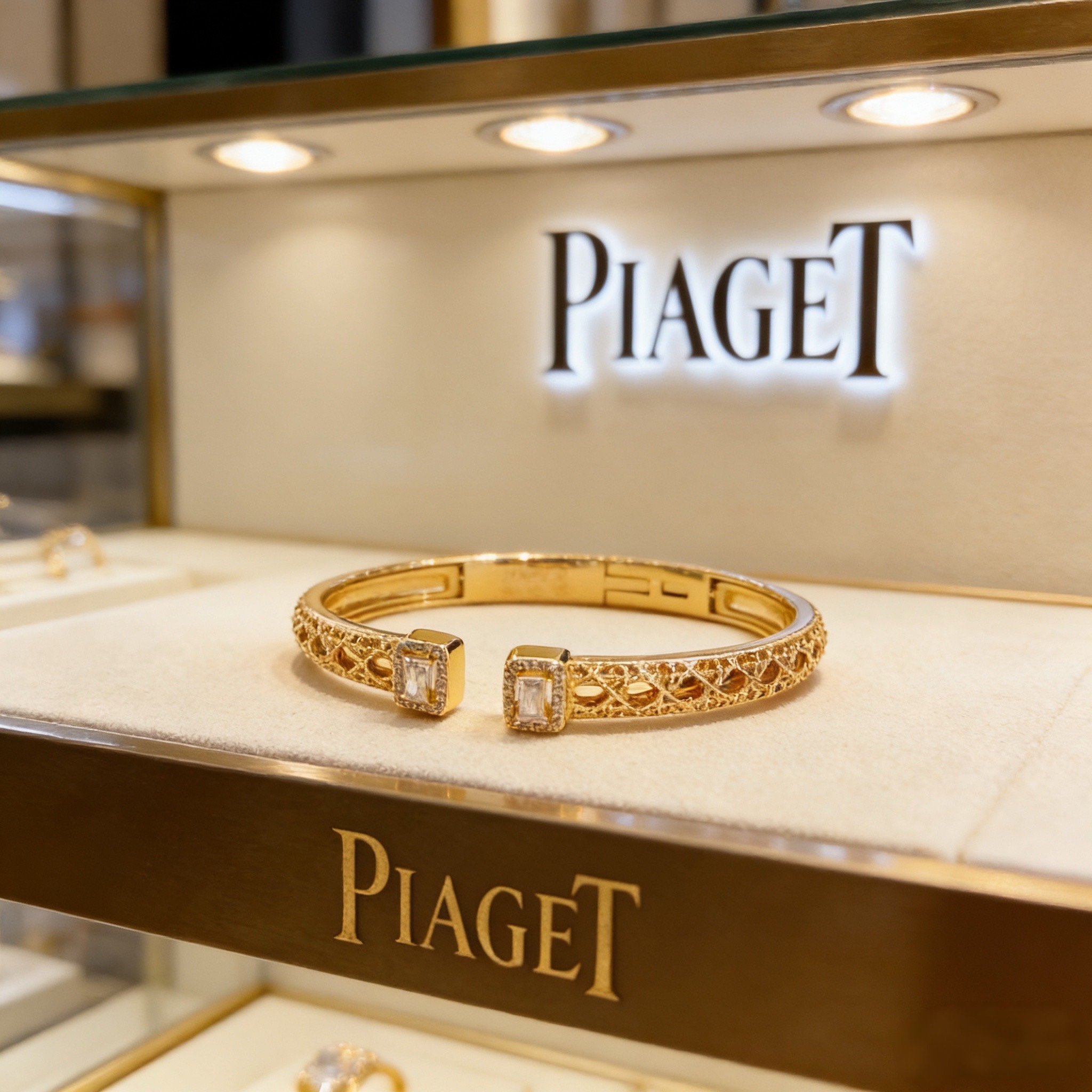 Piaget Possession Open Cuff Bangle bracelet 18k yellow gold with clear diamond accents 16cm inner circumference