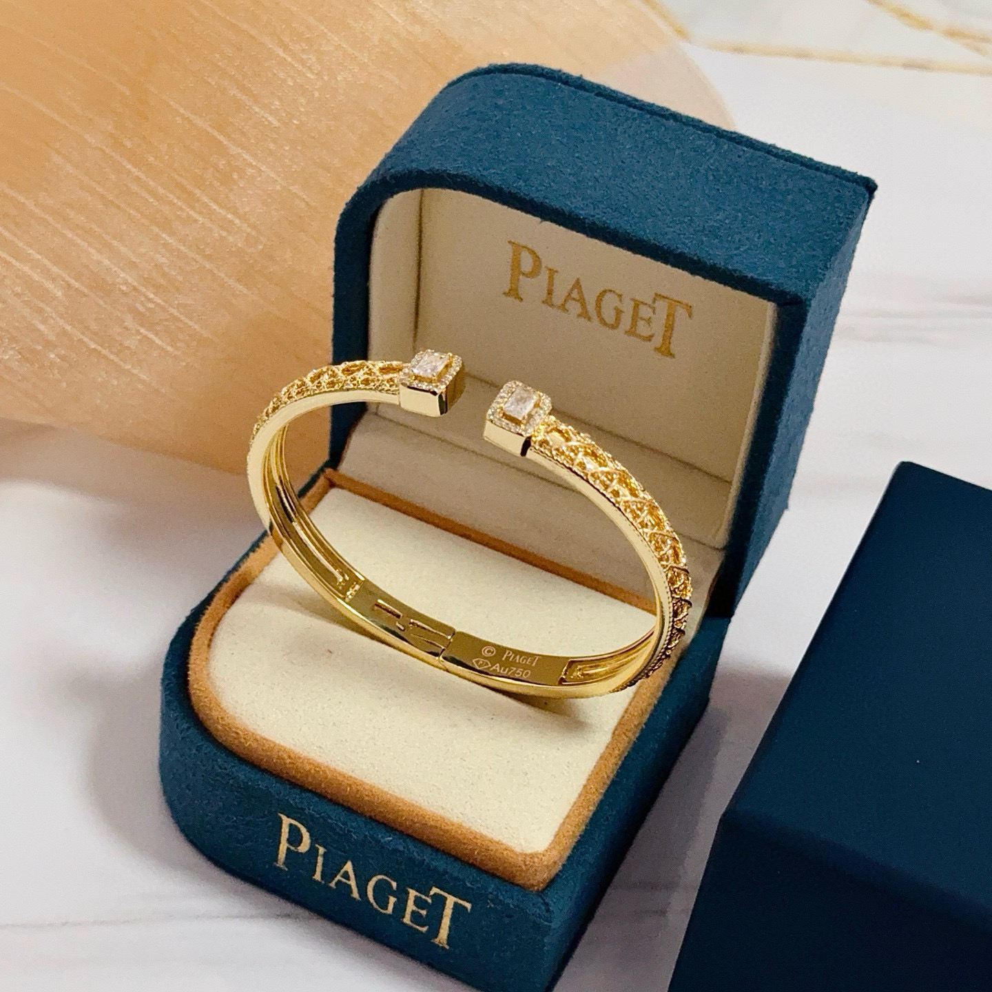Piaget Possession Open Cuff Bangle bracelet 18k yellow gold with clear diamond accents 16cm inner circumference