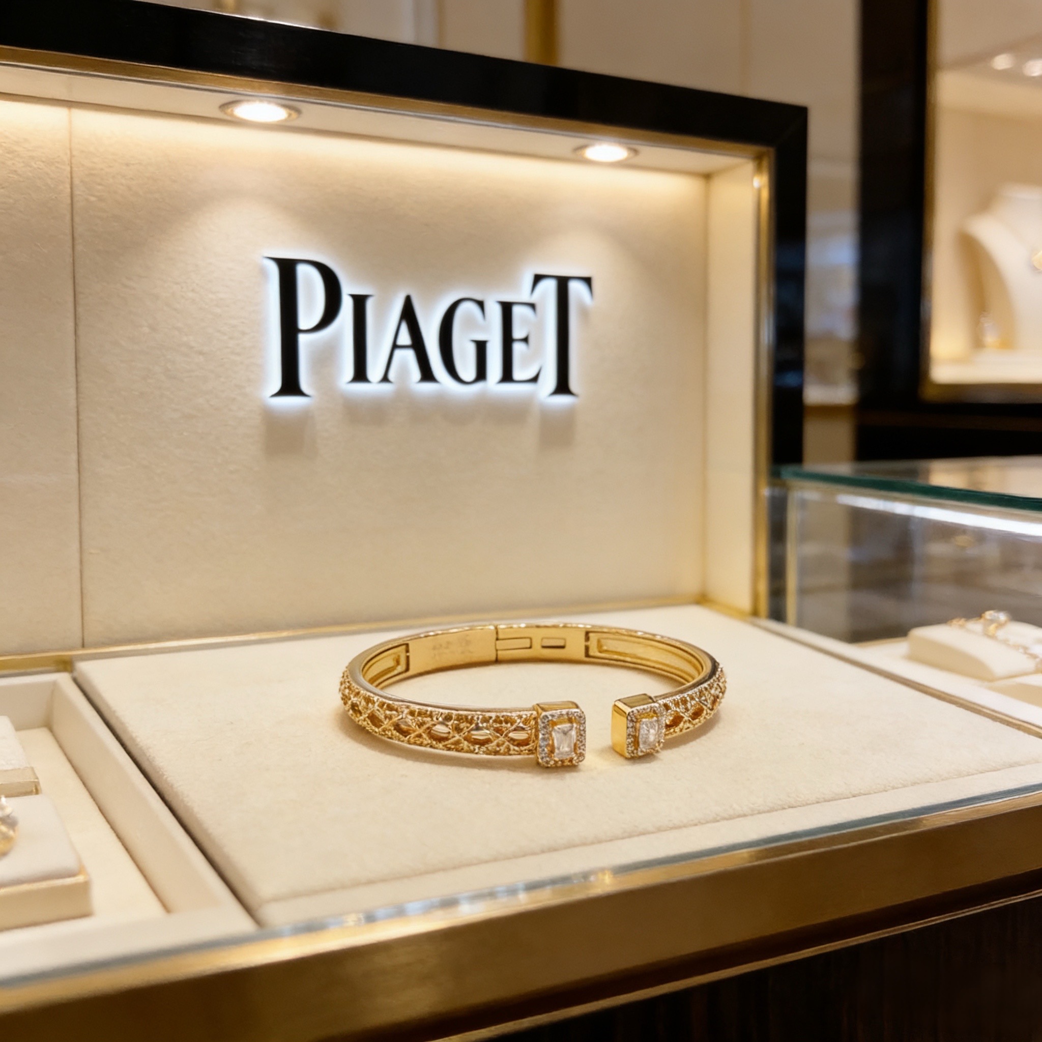 Piaget Possession Open Cuff Bangle bracelet 18k yellow gold with clear diamond accents 16cm inner circumference