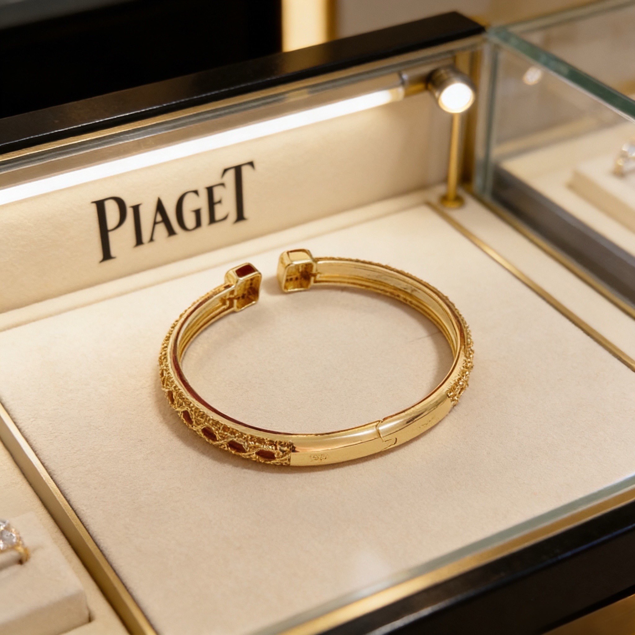 Piaget Possession Open Cuff Bangle bracelet 18k yellow gold with clear diamond accents 16cm inner circumference
