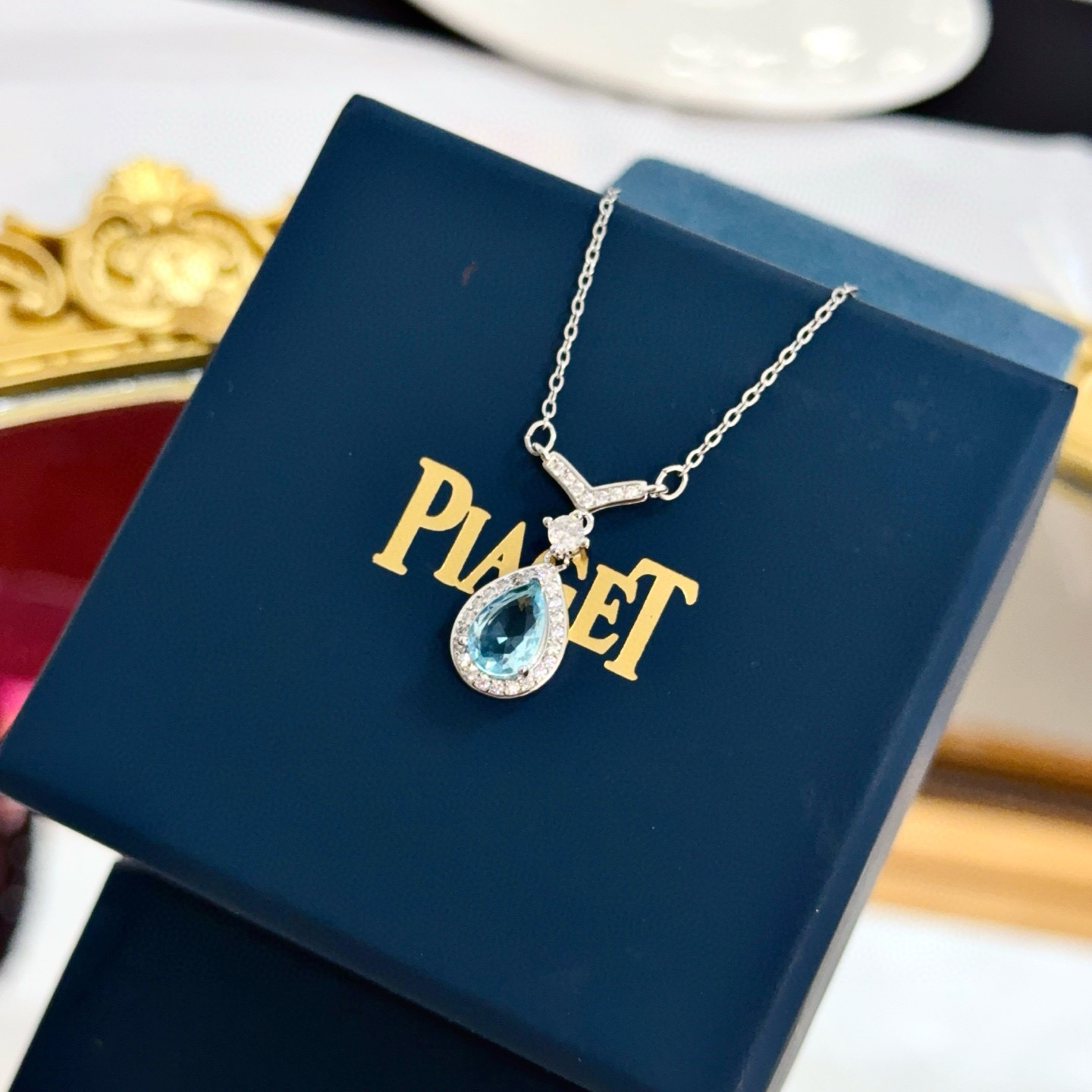 Piaget Teardrop Gemstone Pendant necklace Silver-toned white gold metal with light blue teardrop gemstone and white diamond accents 45cm