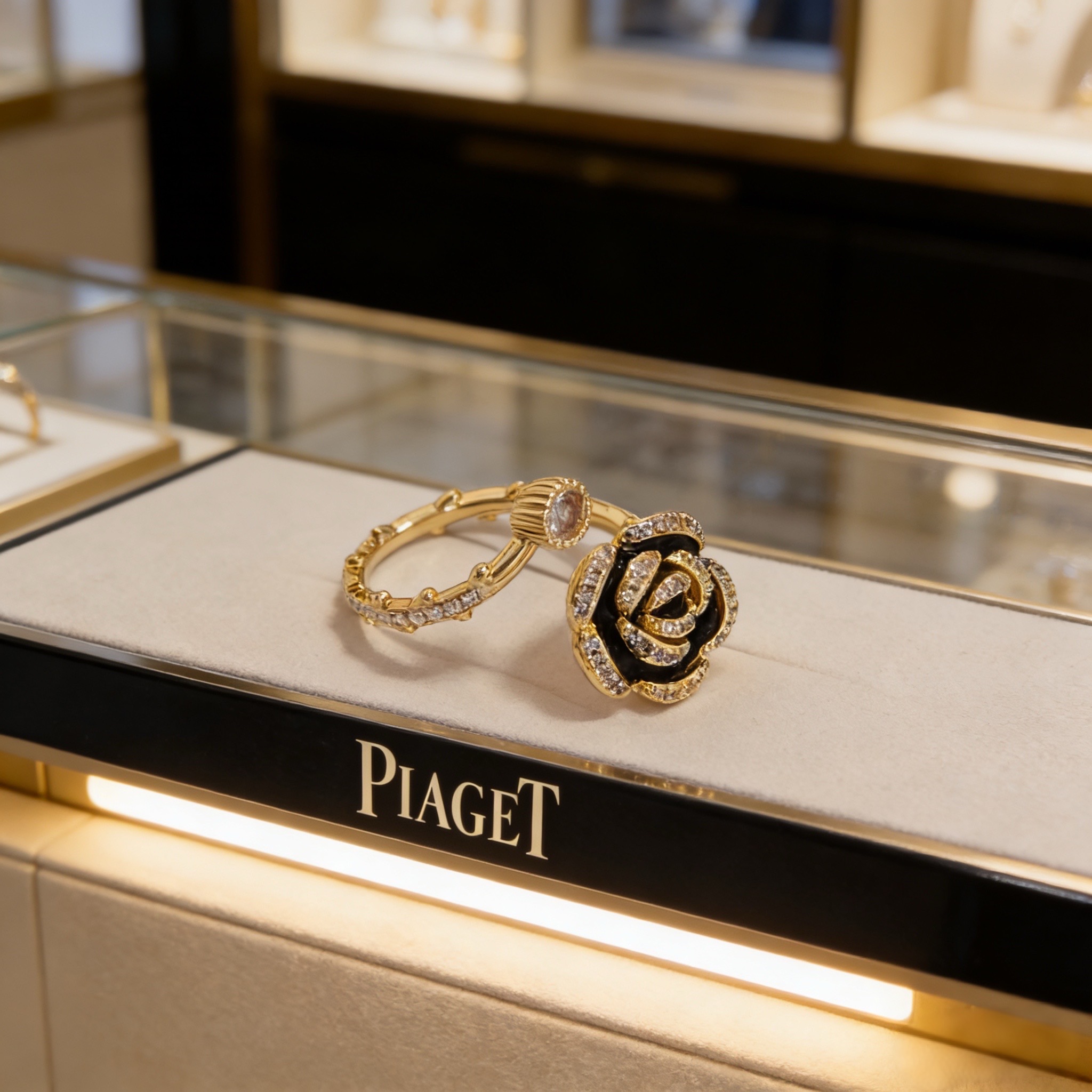Piaget Rose ring yellow gold black onyx clear diamond US 7
