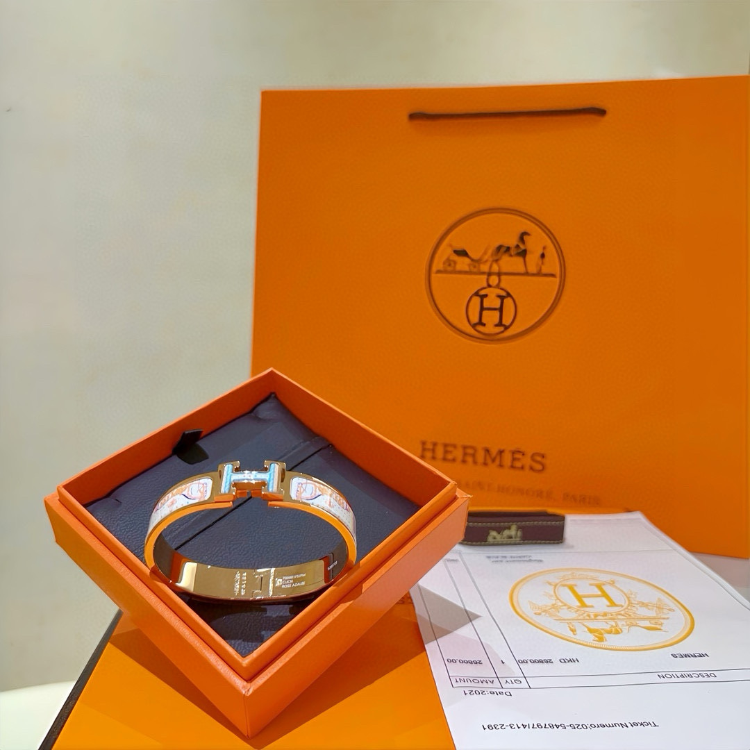 Bracciale Hermes Clic H in metallo placcato oro rosa con stravagante stampa cavallo multicolore in smalto bianco PM