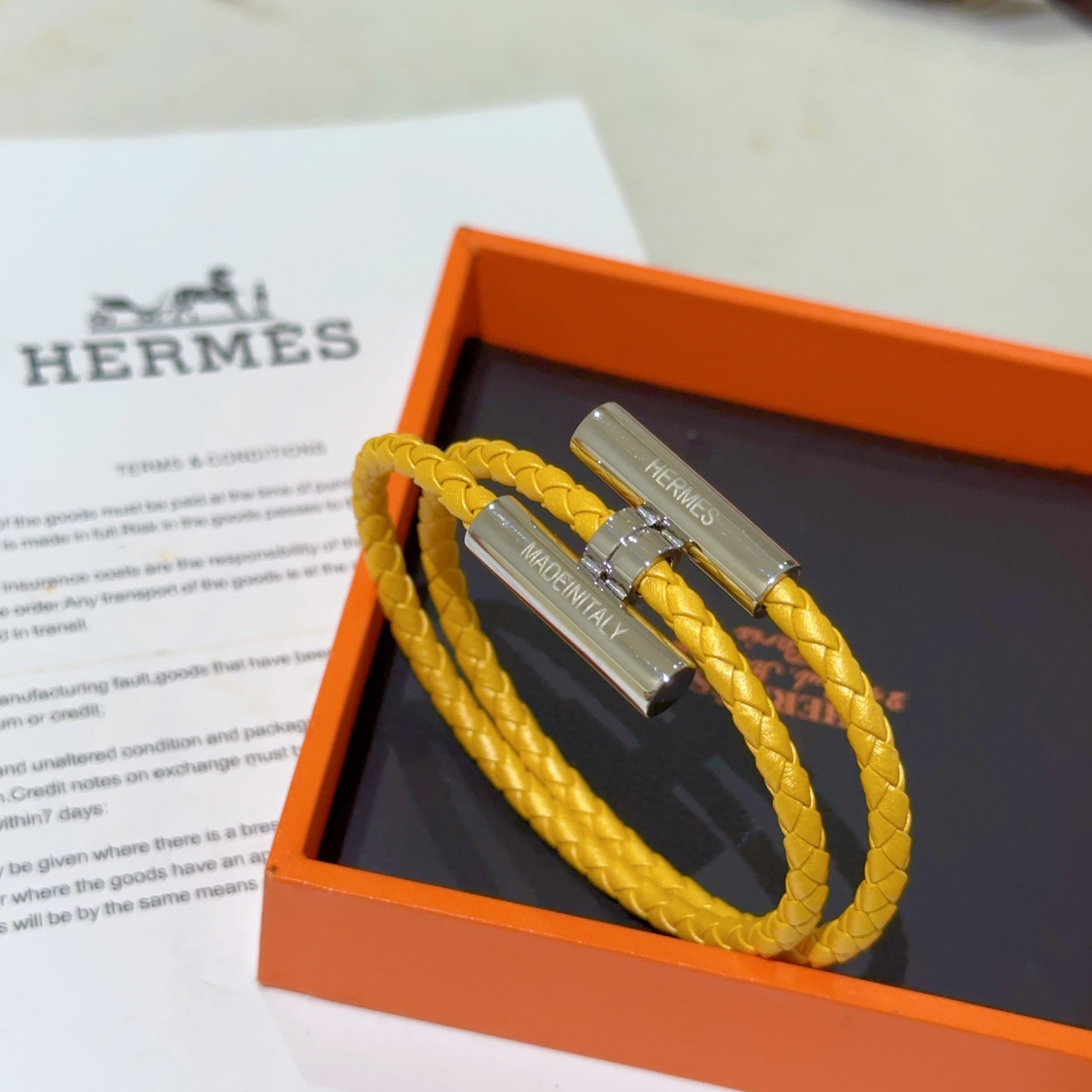 Pulsera Hermes Tournis Tresse Cuero trenzado amarillo girasol Herrajes plateados chapados en paladio T5 19cm