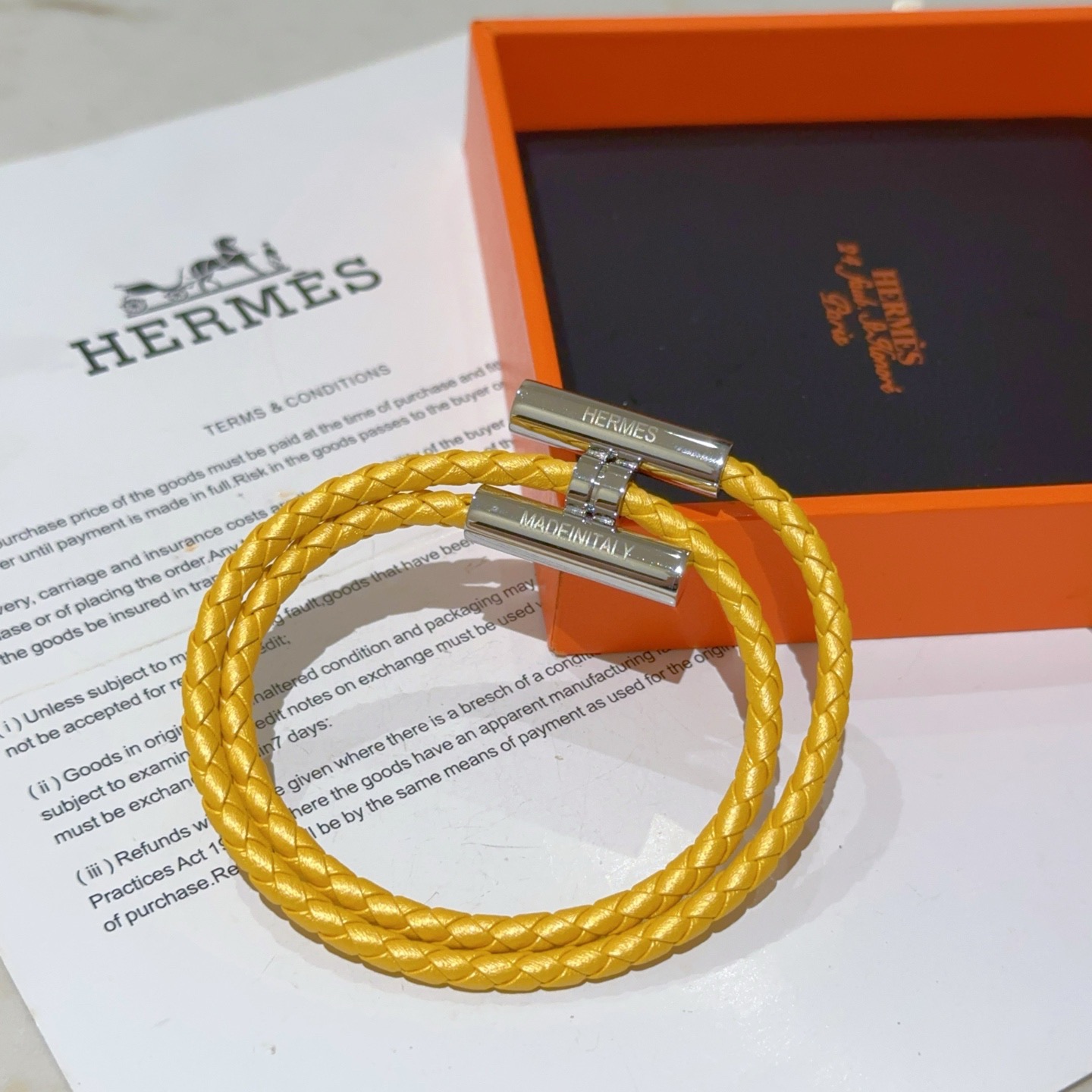 Pulsera Hermes Tournis Tresse Cuero trenzado amarillo girasol Herrajes plateados chapados en paladio T5 19cm