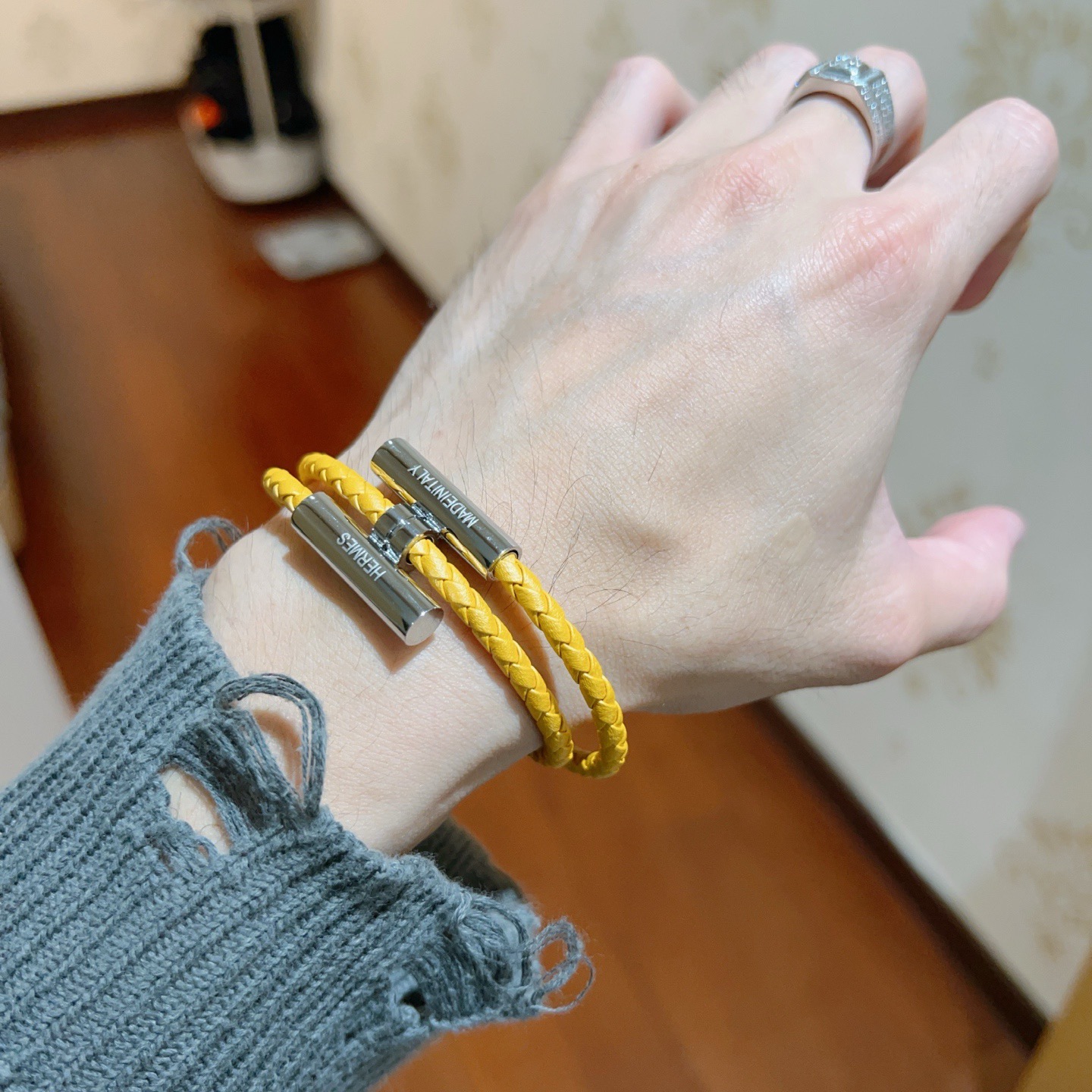 Pulsera Hermes Tournis Tresse Cuero trenzado amarillo girasol Herrajes plateados chapados en paladio T5 19cm