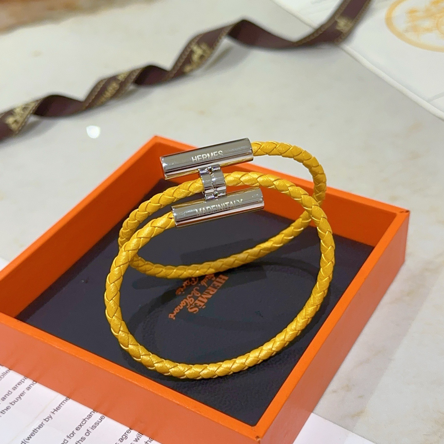Pulsera Hermes Tournis Tresse Cuero trenzado amarillo girasol Herrajes plateados chapados en paladio T5 19cm