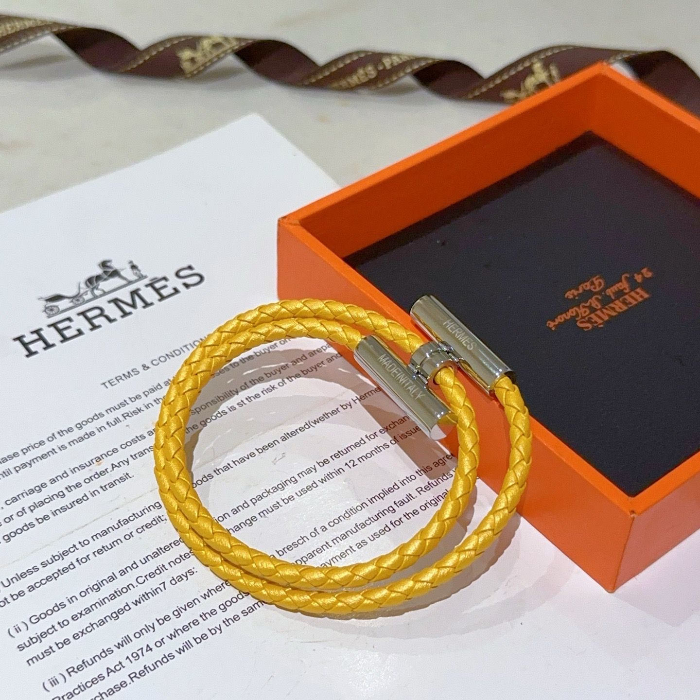 Pulsera Hermes Tournis Tresse Cuero trenzado amarillo girasol Herrajes plateados chapados en paladio T5 19cm