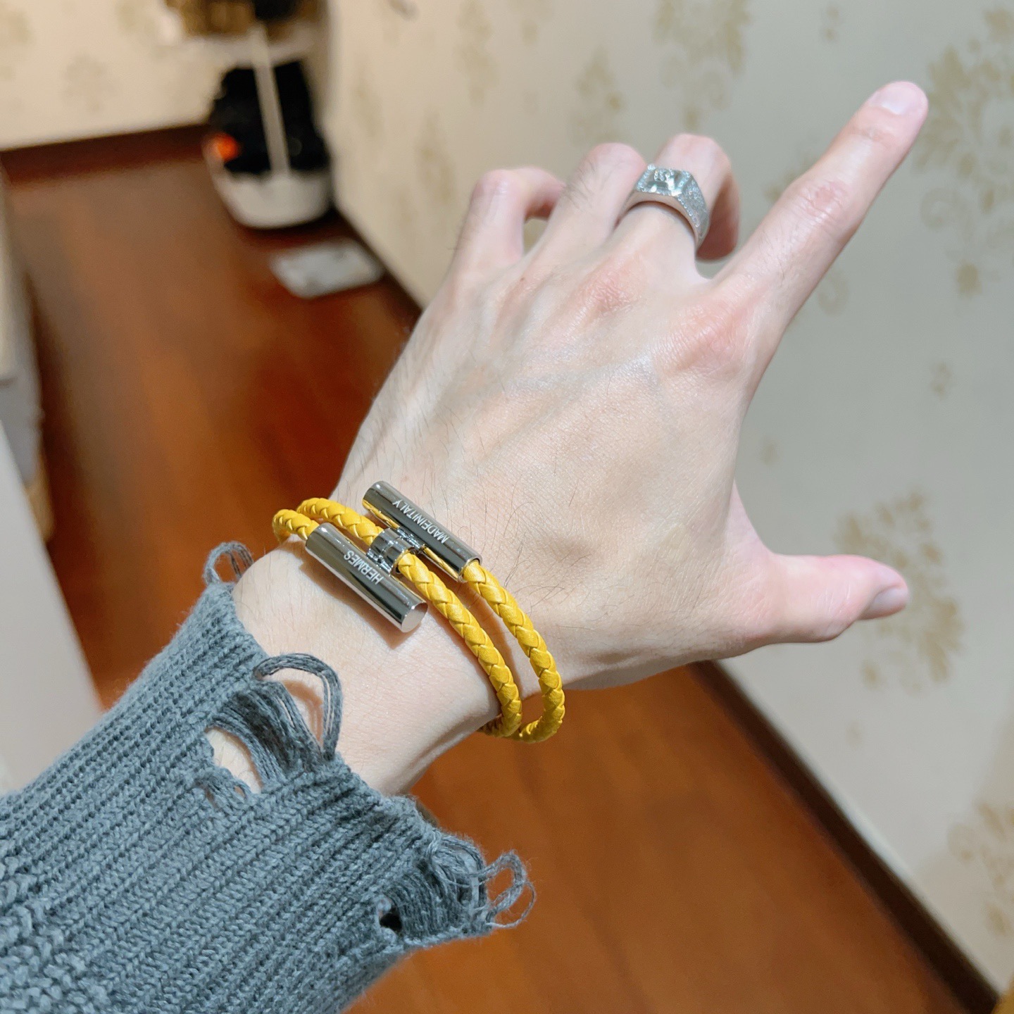 Pulsera Hermes Tournis Tresse Cuero trenzado amarillo girasol Herrajes plateados chapados en paladio T5 19cm