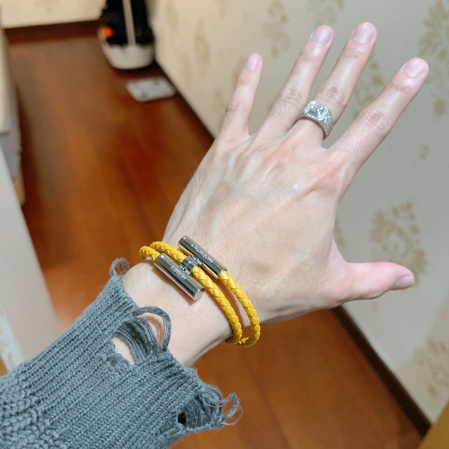 Pulsera Hermes Tournis Tresse Cuero trenzado amarillo girasol Herrajes plateados chapados en paladio T5 19cm
