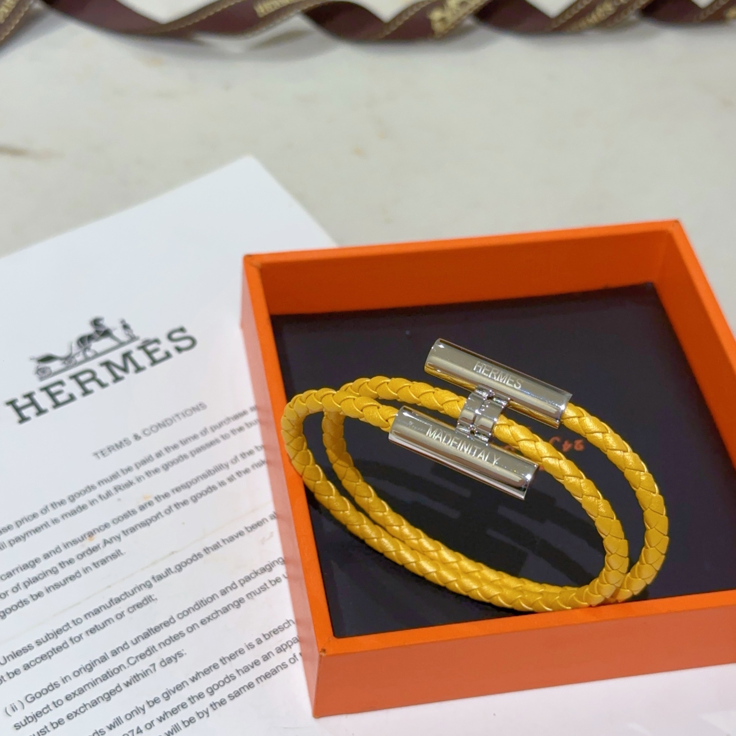 Pulsera Hermes Tournis Tresse Cuero trenzado amarillo girasol Herrajes plateados chapados en paladio T5 19cm