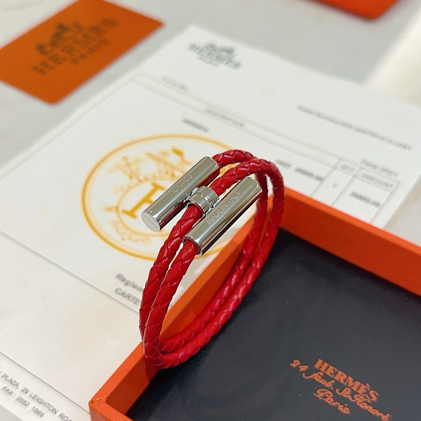 Bracciale Hermes Tournis Tresse Pelle intrecciata rossa Hardware in metallo argentato placcato palladio T2 38 cm doppio giro