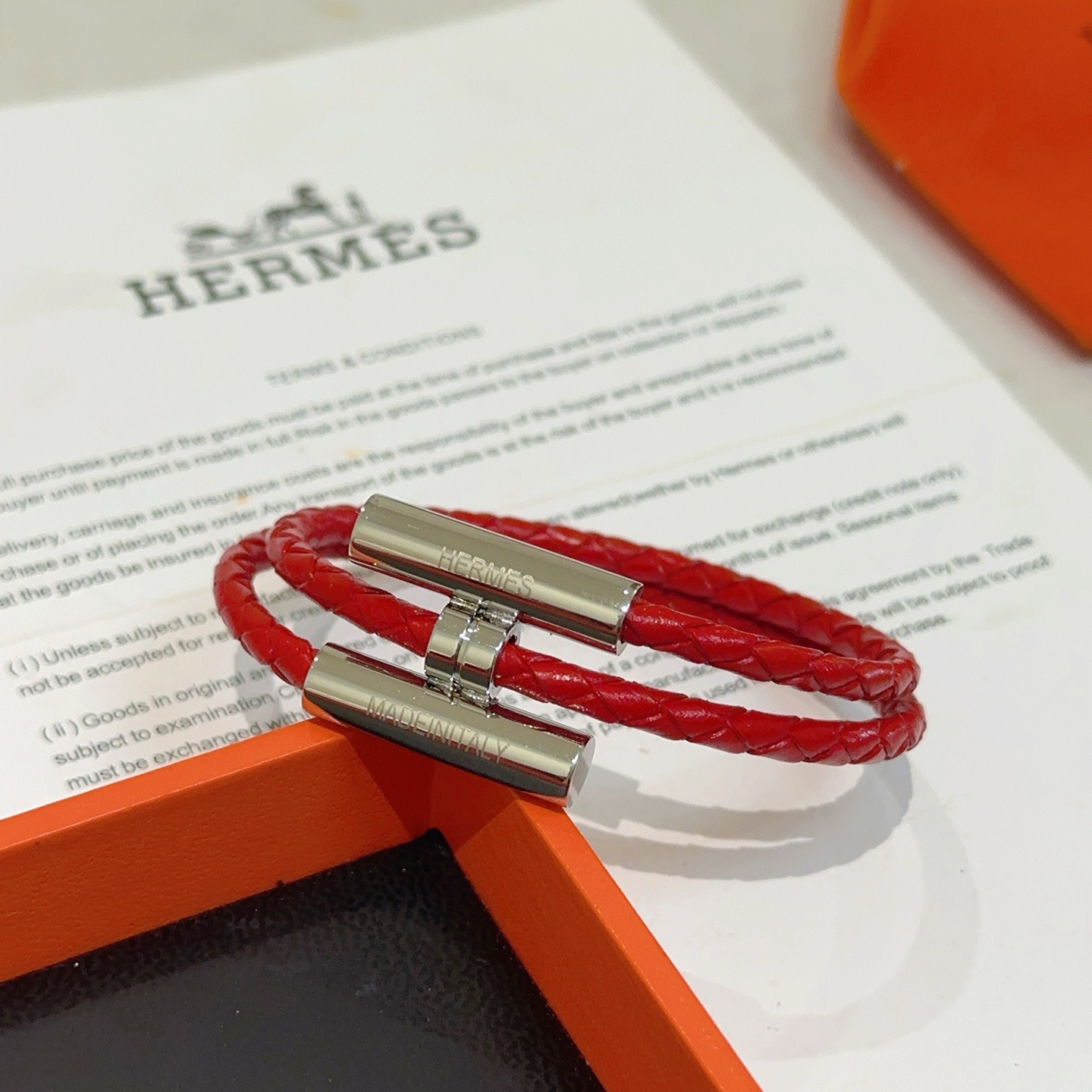 Bracciale Hermes Tournis Tresse Pelle intrecciata rossa Hardware in metallo argentato placcato palladio T2 38 cm doppio giro