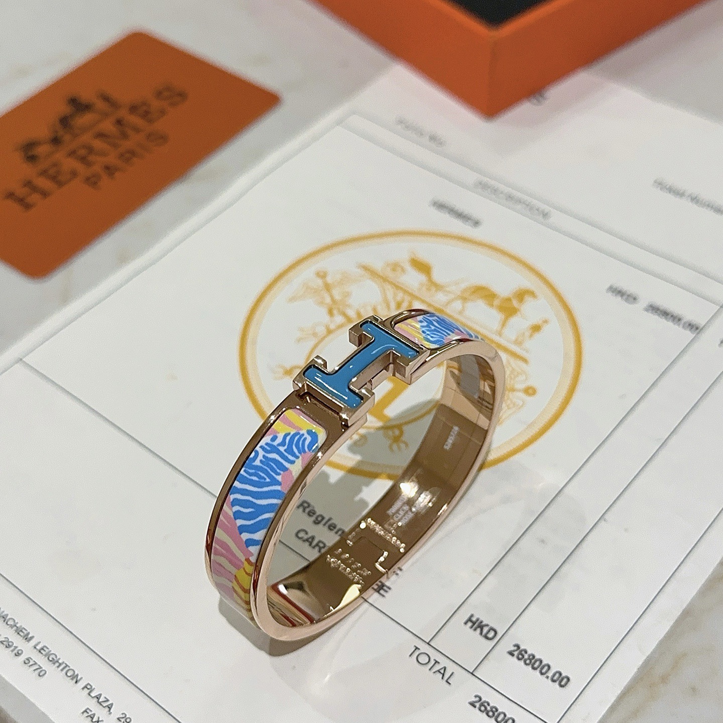 Bracciale Hermes Clic H Metallo placcato oro rosa con smalto blu rosa giallo bianco zebrato PM