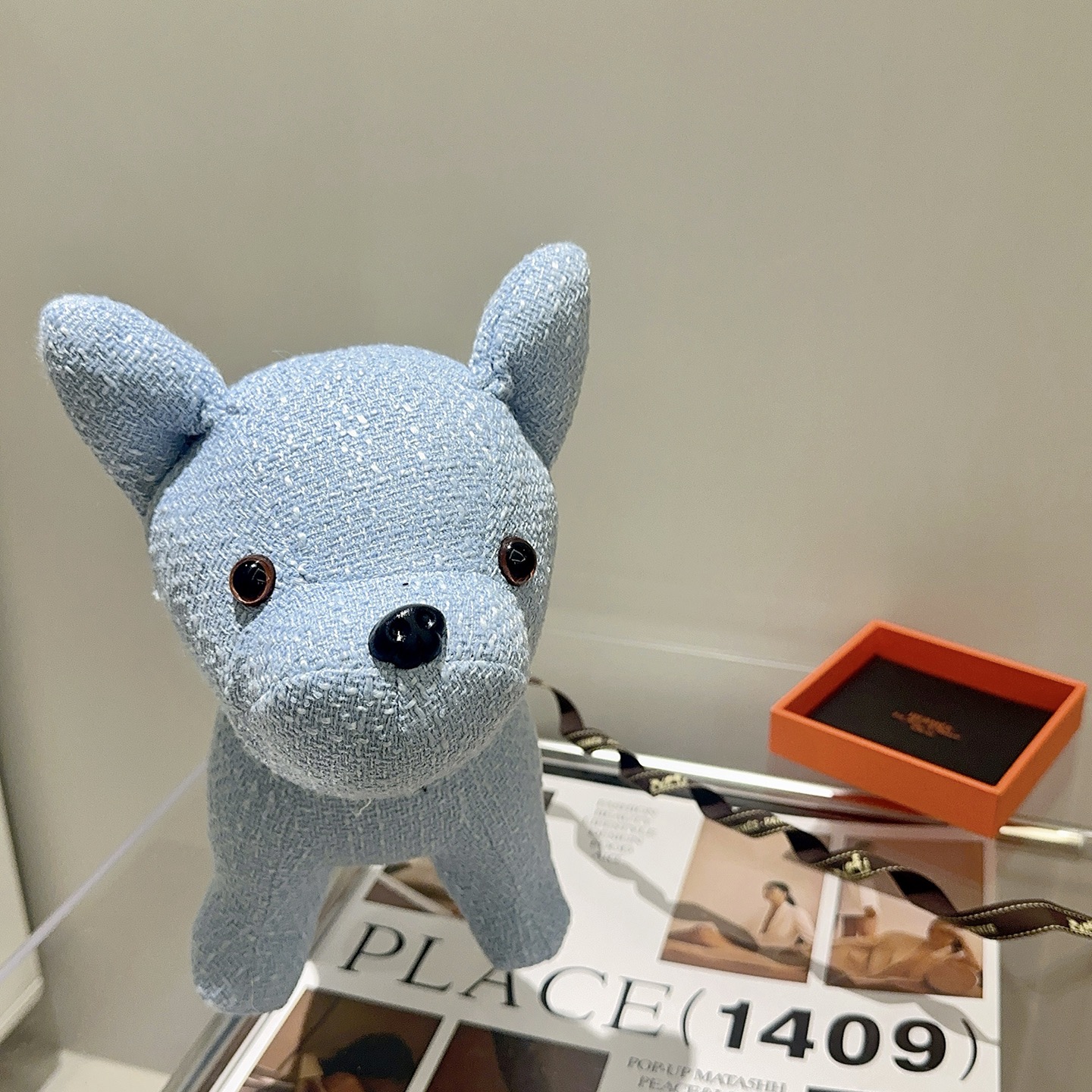 Hermes French Bulldog Plush Charm pendant light blue textured fabric with black plastic accents 28cm