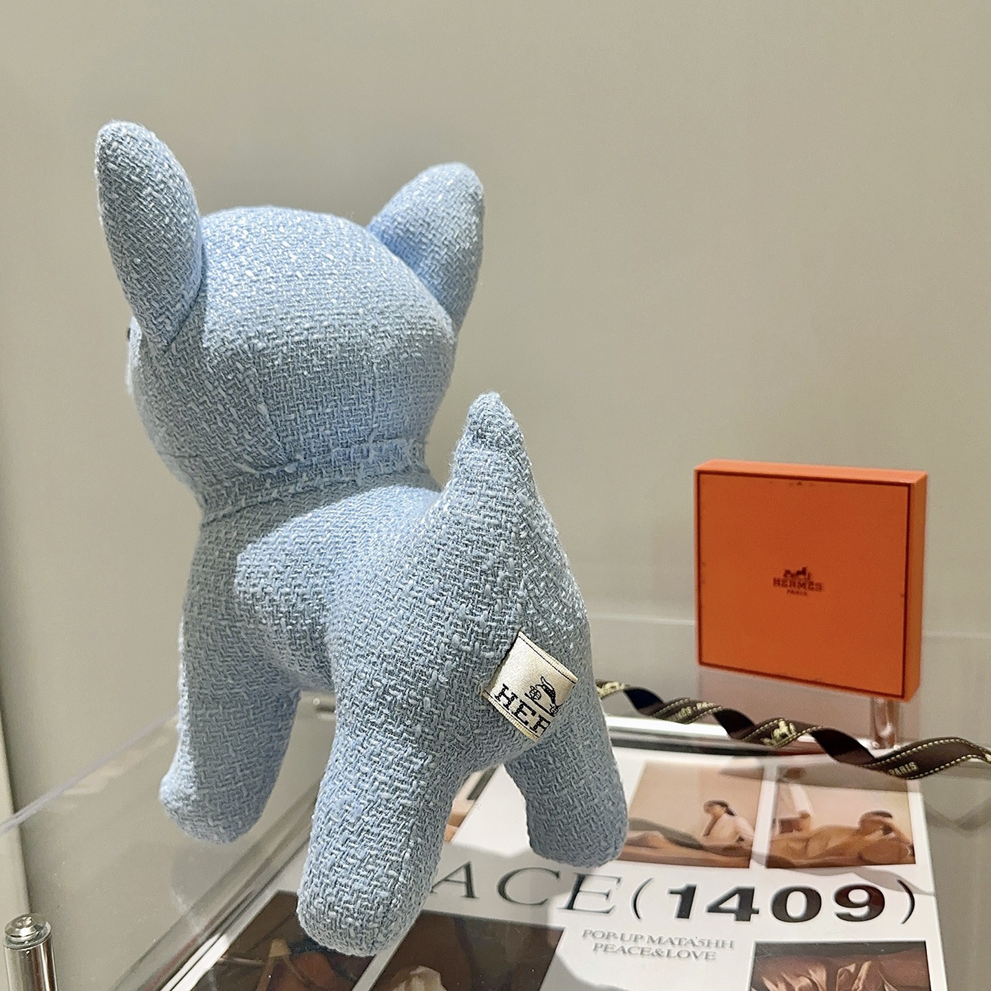 Hermes French Bulldog Plush Charm pendant light blue textured fabric with black plastic accents 28cm