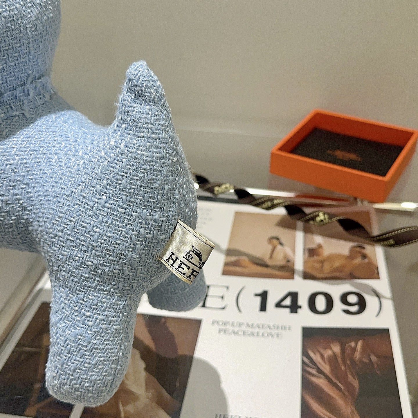 Hermes French Bulldog Plush Charm pendant light blue textured fabric with black plastic accents 28cm