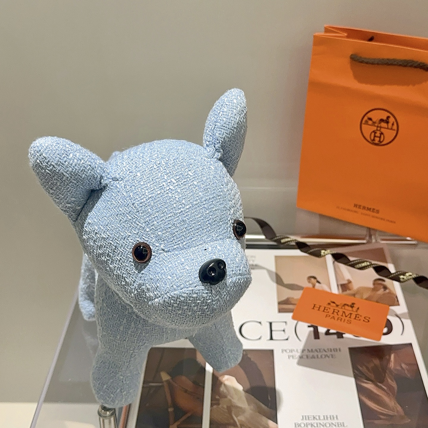 Hermes French Bulldog Plush Charm pendant light blue textured fabric with black plastic accents 28cm