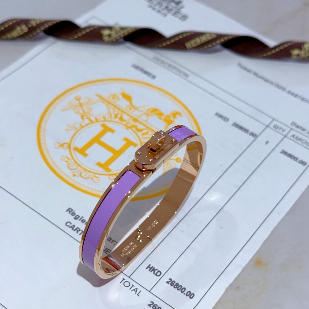 Bracciale Hermes Kelly in metallo oro rosa con smalto viola lavanda PM