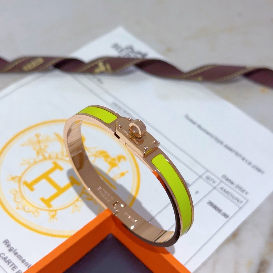 Bracciale Hermes Mini Clic Kelly Metallo oro rosa con smalto giallo lime PM