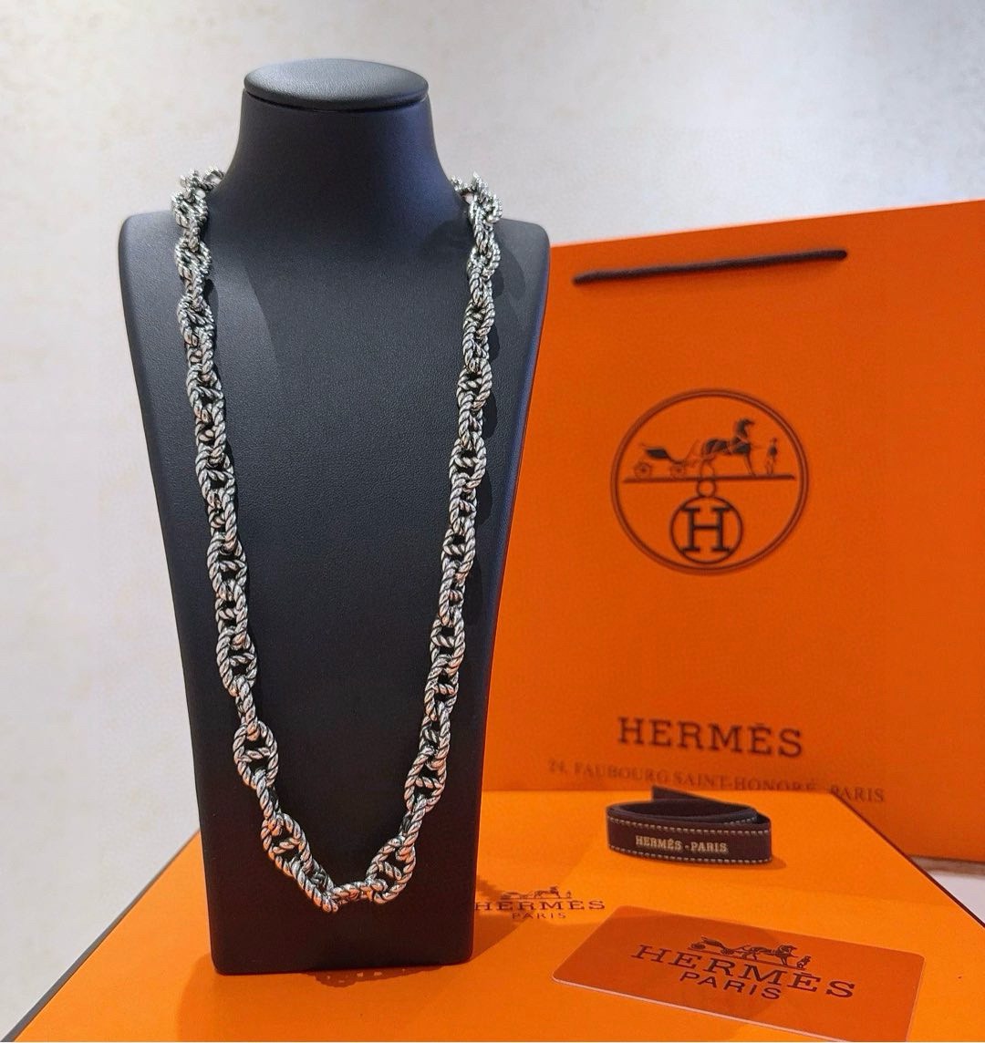 Collana Hermes Torino Twisted Chain Metallo argentato antico senza pietre preziose 60 cm