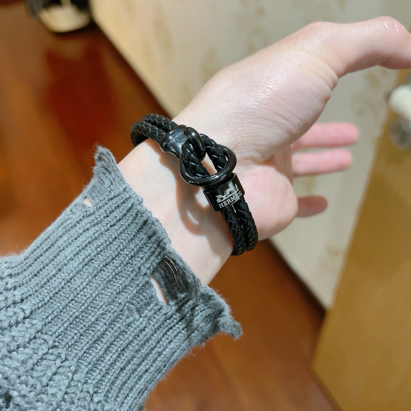 Bracciale Hermes serie H in pelle intrecciata nera con hardware in canna di fucile 19 cm