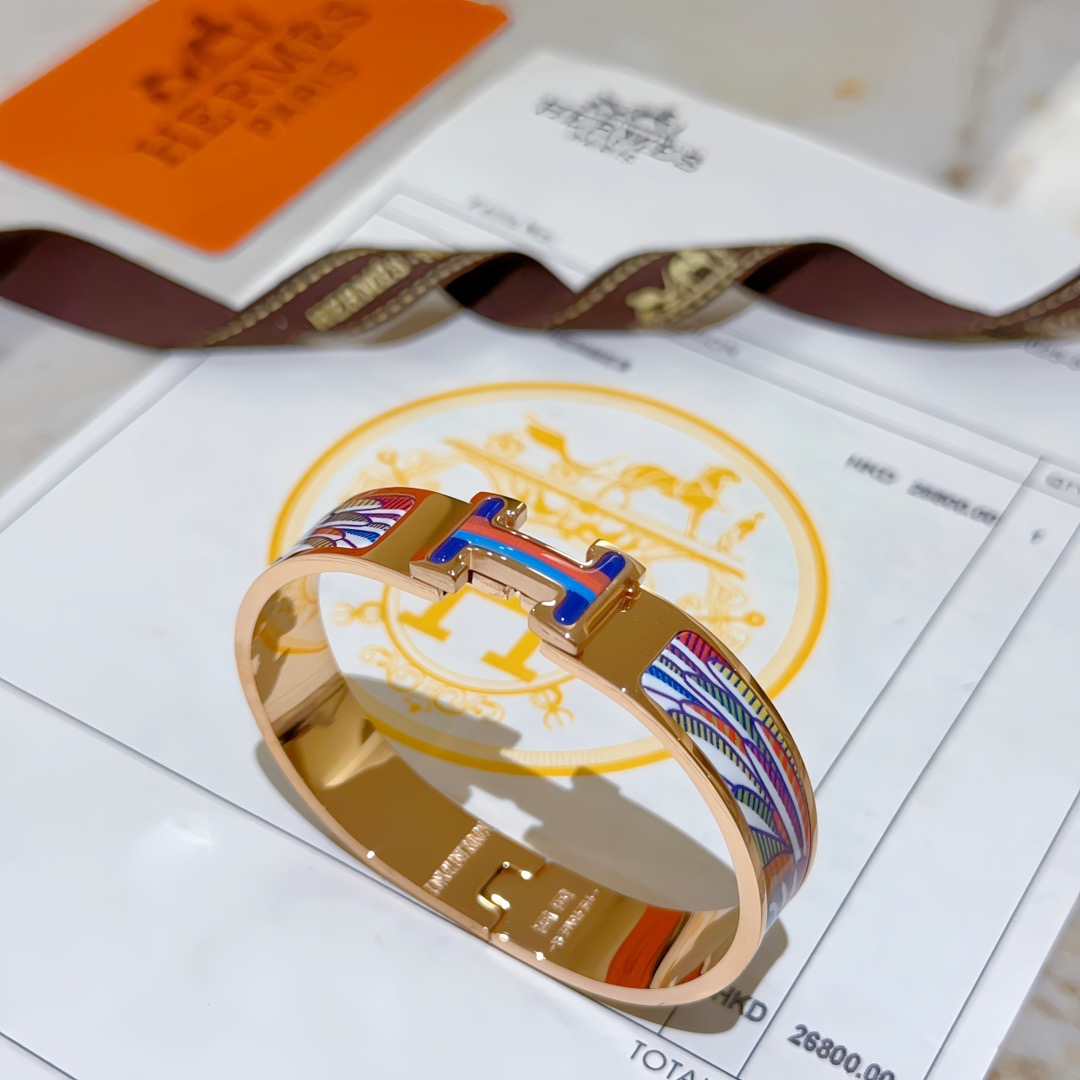 Bracciale Hermes Clic H Metallo placcato oro rosa con smalto stampato multicolor blu rosso arancione viola verde bianco PM circonferenza 17cm