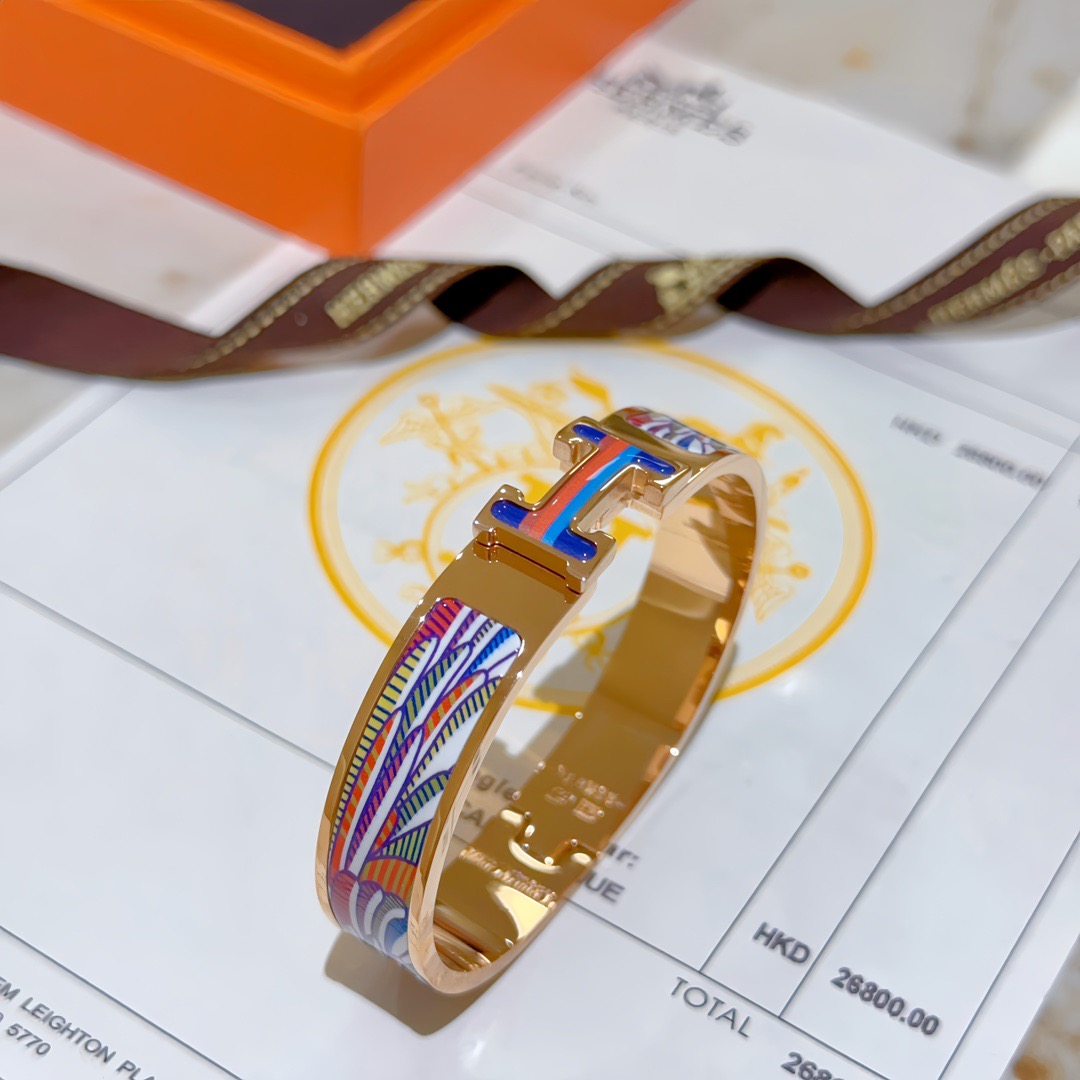 Bracciale Hermes Clic H Metallo placcato oro rosa con smalto stampato multicolor blu rosso arancione viola verde bianco PM circonferenza 17cm