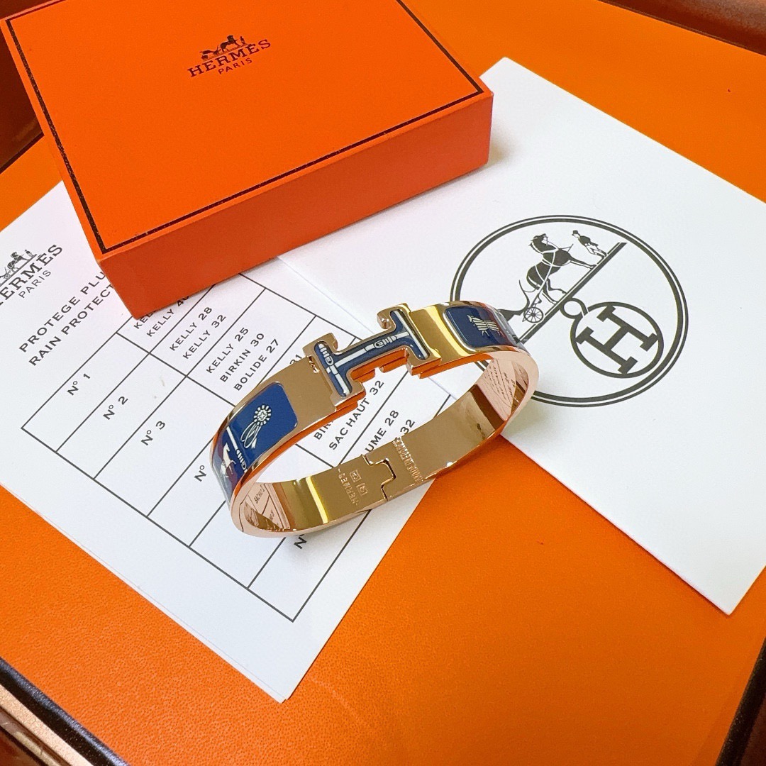 Bracciale Hermes Clic H in metallo placcato oro rosa con smalto blu navy 17 cm