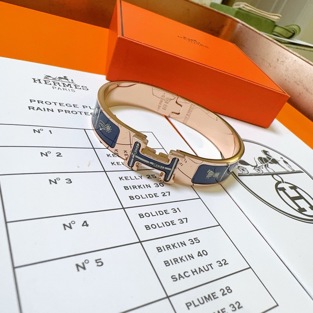 Bracciale Hermes Clic H in metallo placcato oro rosa con smalto blu navy 17 cm