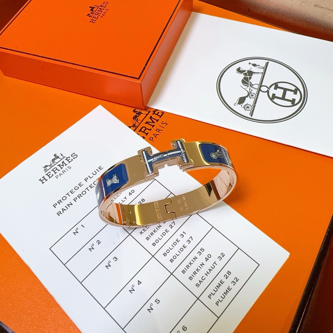 Bracciale Hermes Clic H in metallo placcato oro rosa con smalto blu navy 17 cm