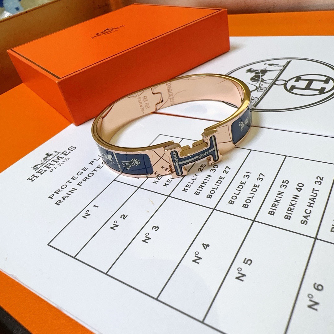 Bracciale Hermes Clic H in metallo placcato oro rosa con smalto blu navy 17 cm