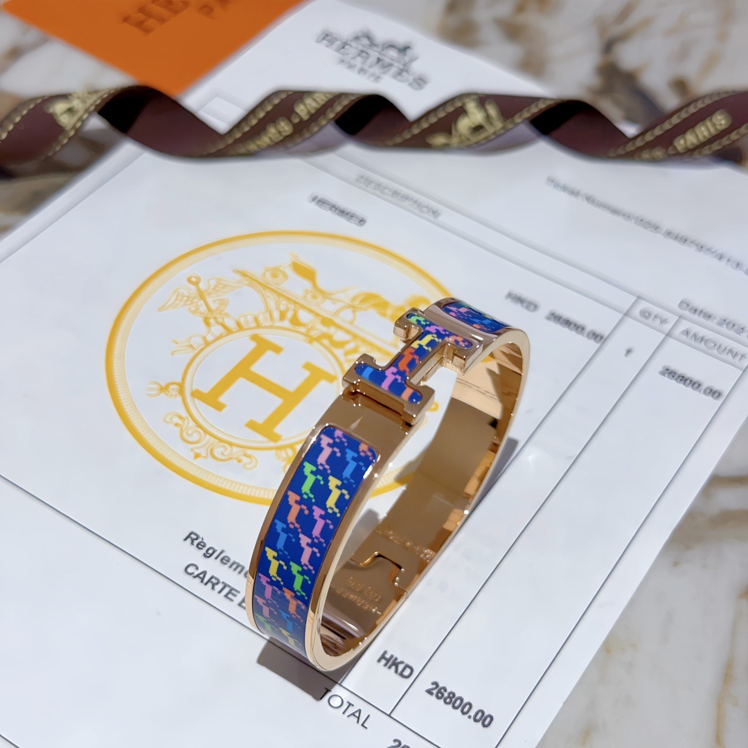 Bracciale Hermes Clic H Pop Horse Metallo placcato oro rosa con smalto blu con stampa cavallo multicolore PM