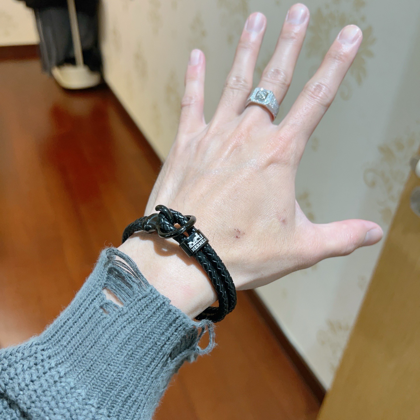 Bracciale Hermes New H Pelle intrecciata nera con hardware nero canna di fucile 19 cm
