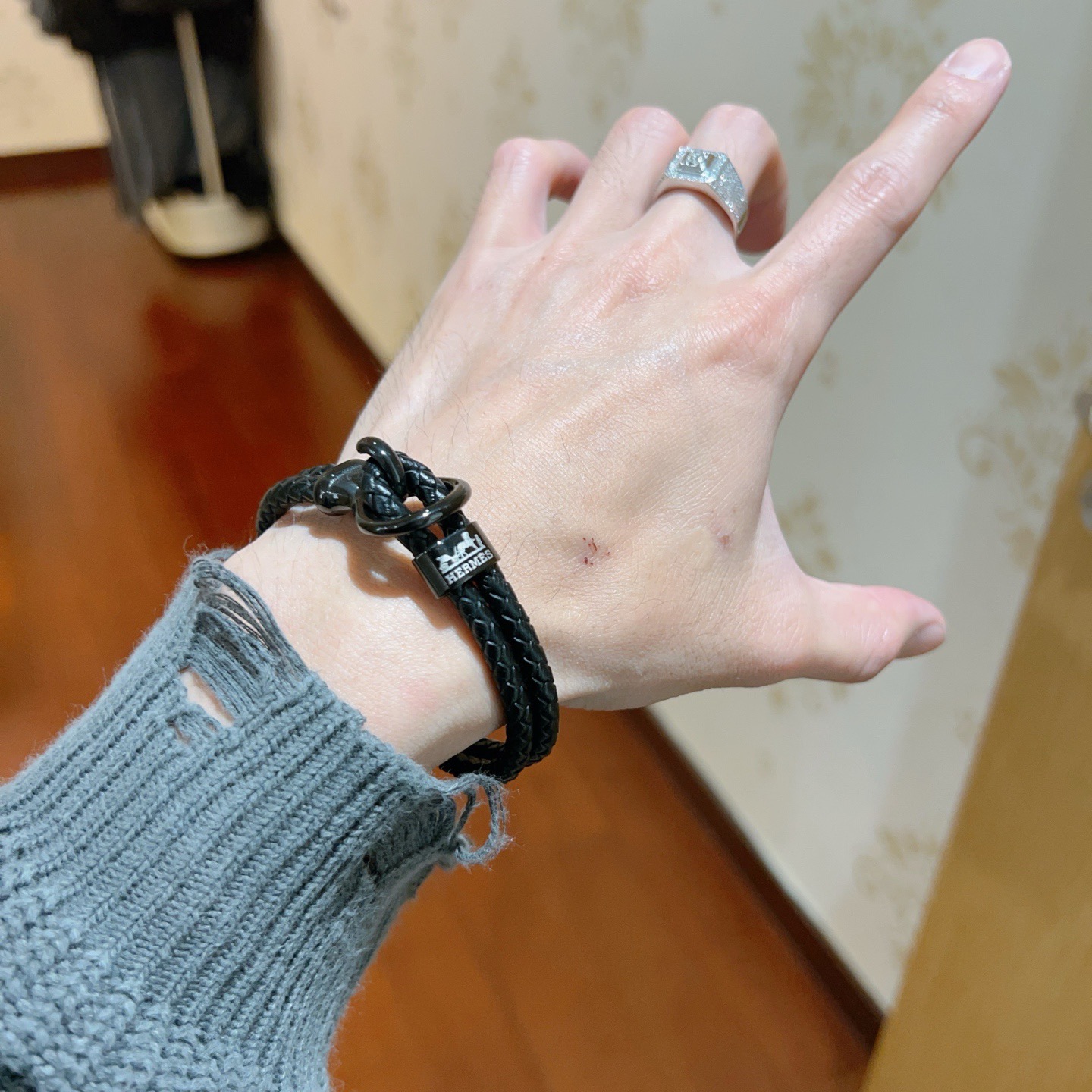 Bracciale Hermes New H Pelle intrecciata nera con hardware nero canna di fucile 19 cm