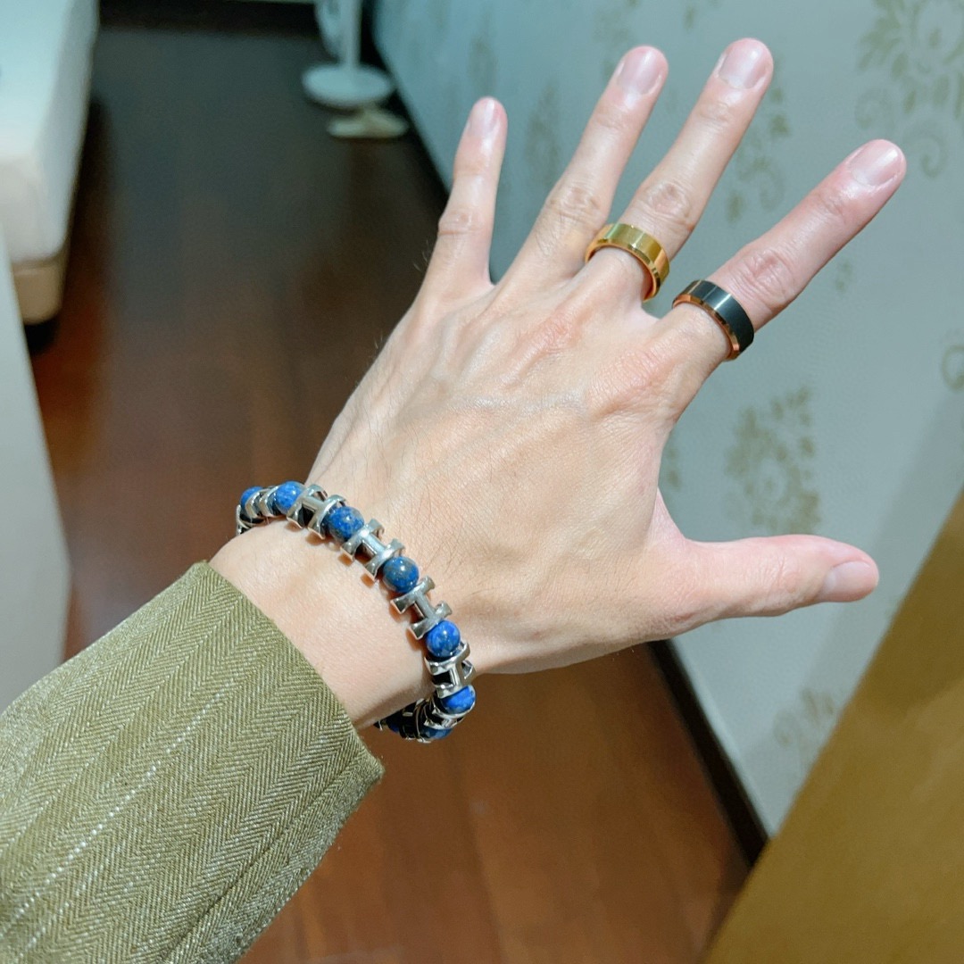 Bracciale Hermes Anger Forest H in metallo argentato con perline di lapislazzuli blu 19 cm