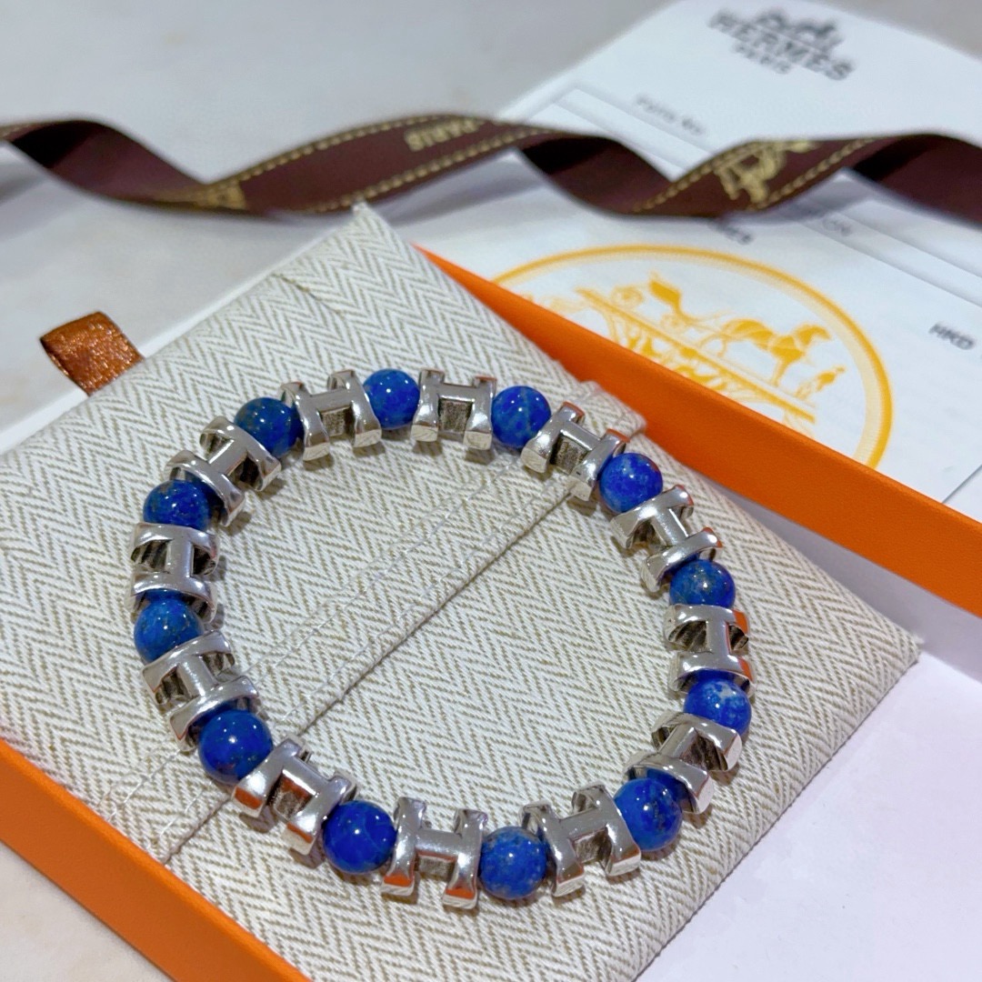Bracciale Hermes Anger Forest H in metallo argentato con perline di lapislazzuli blu 19 cm