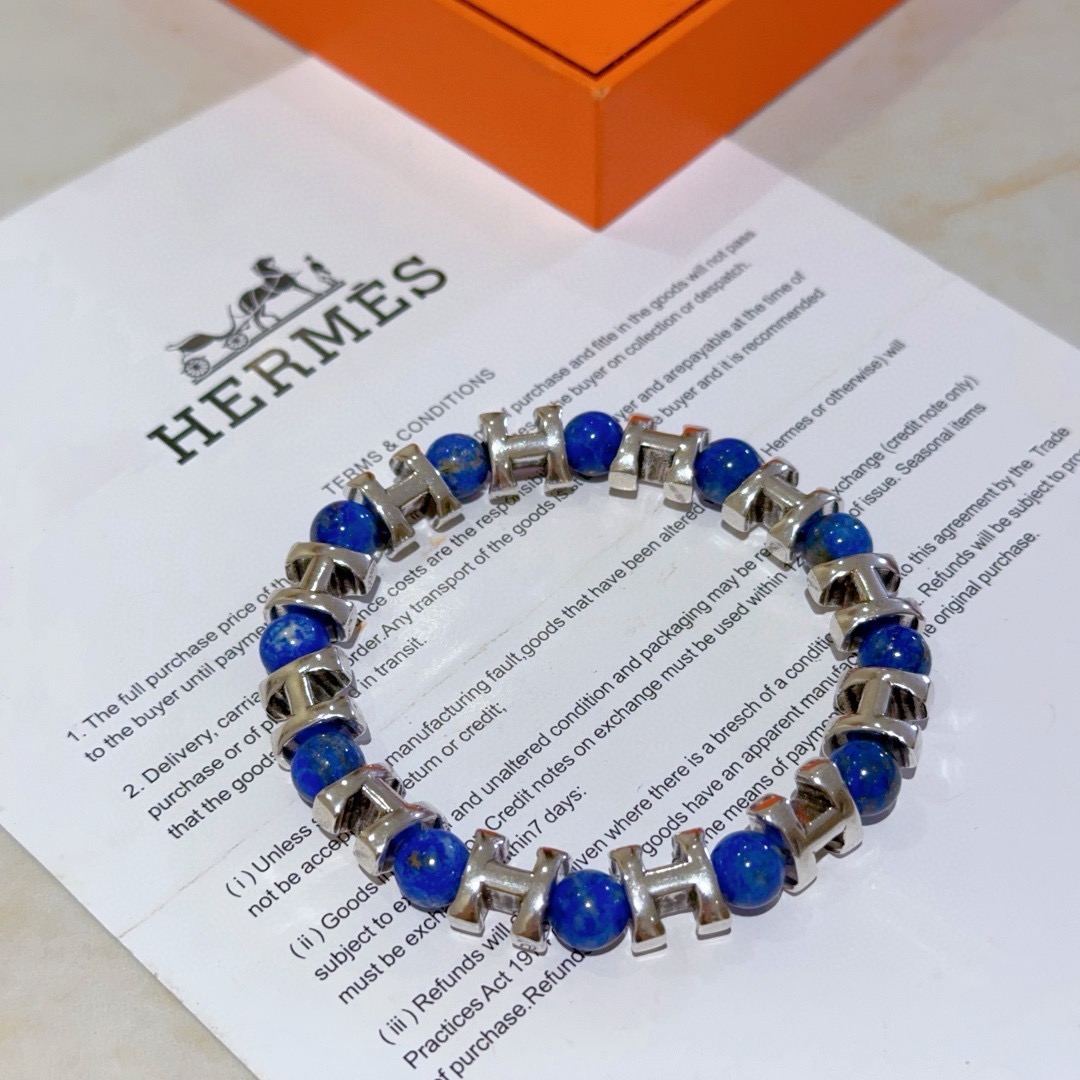Bracciale Hermes Anger Forest H in metallo argentato con perline di lapislazzuli blu 19 cm