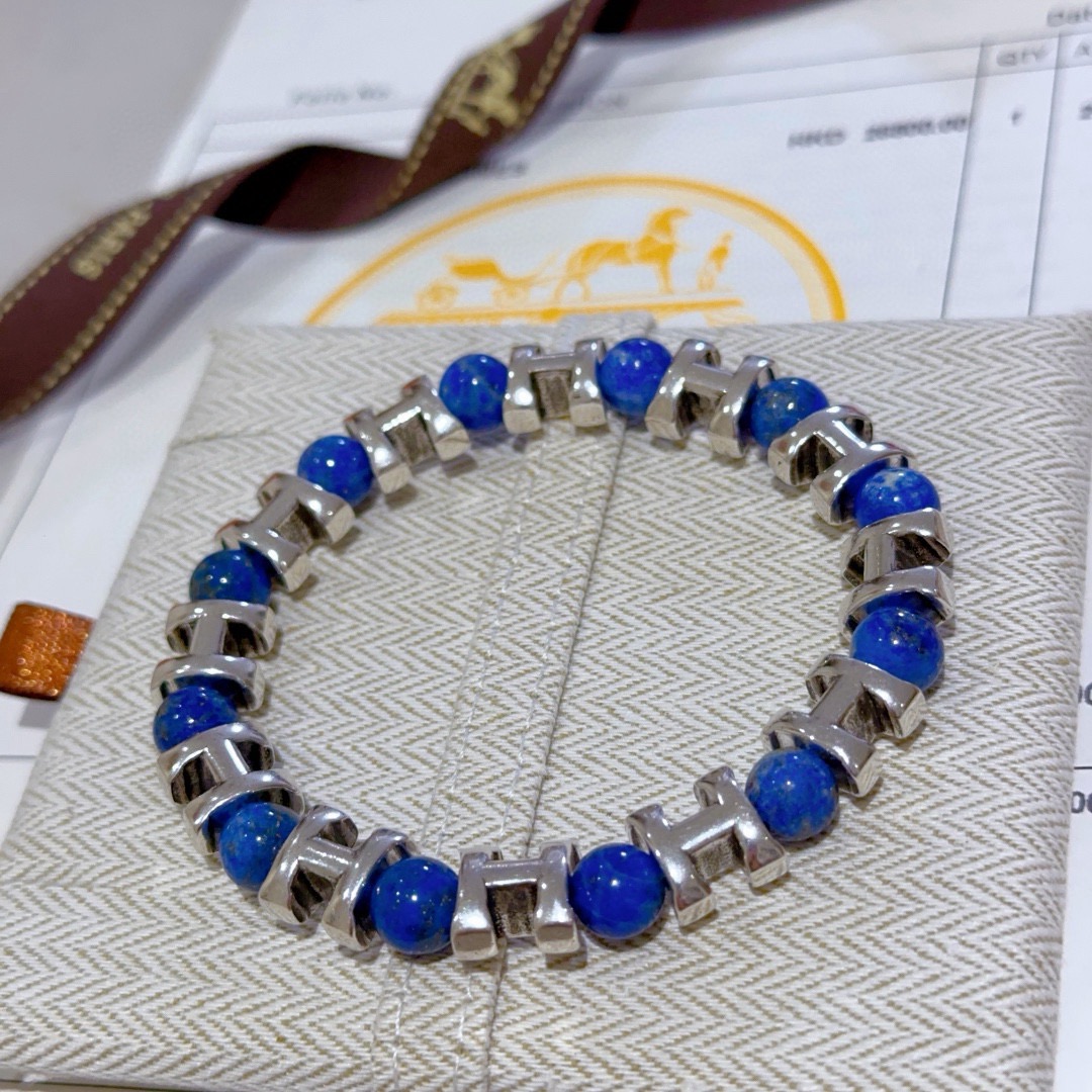 Bracciale Hermes Anger Forest H in metallo argentato con perline di lapislazzuli blu 19 cm
