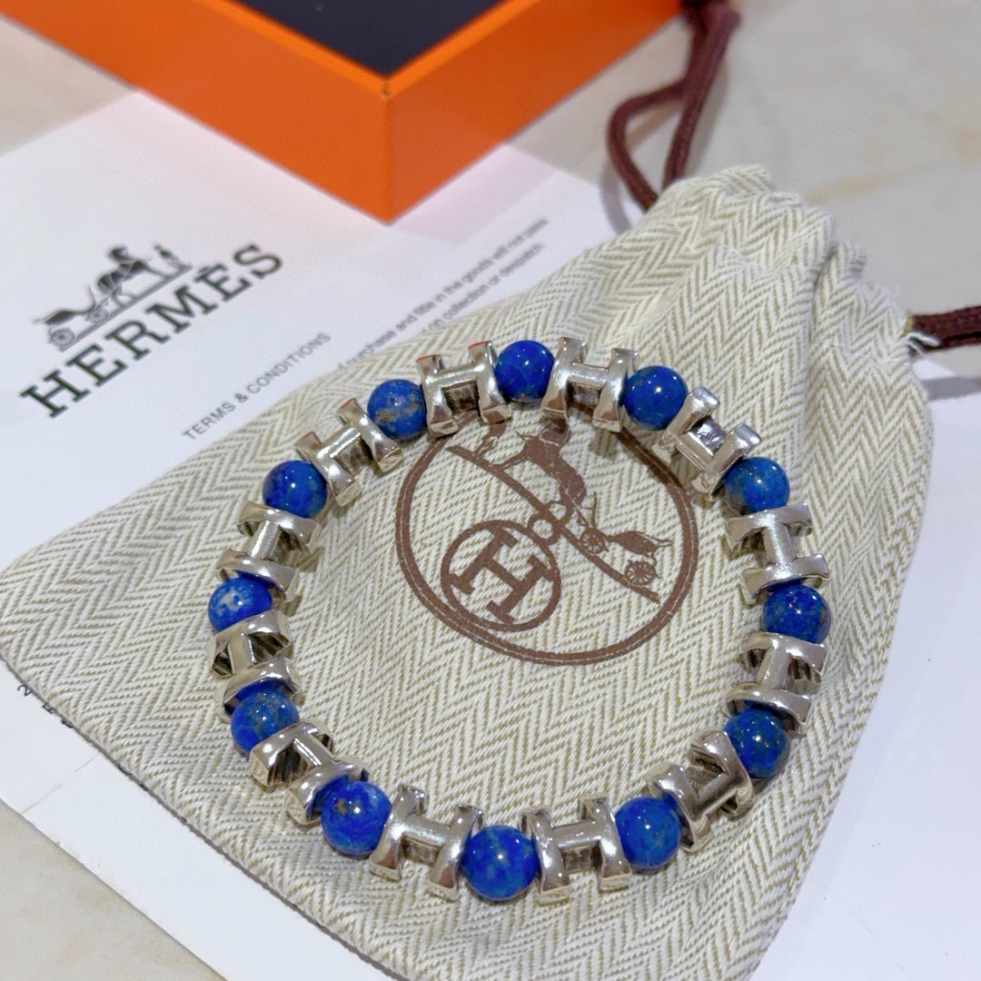 Bracciale Hermes Anger Forest H in metallo argentato con perline di lapislazzuli blu 19 cm